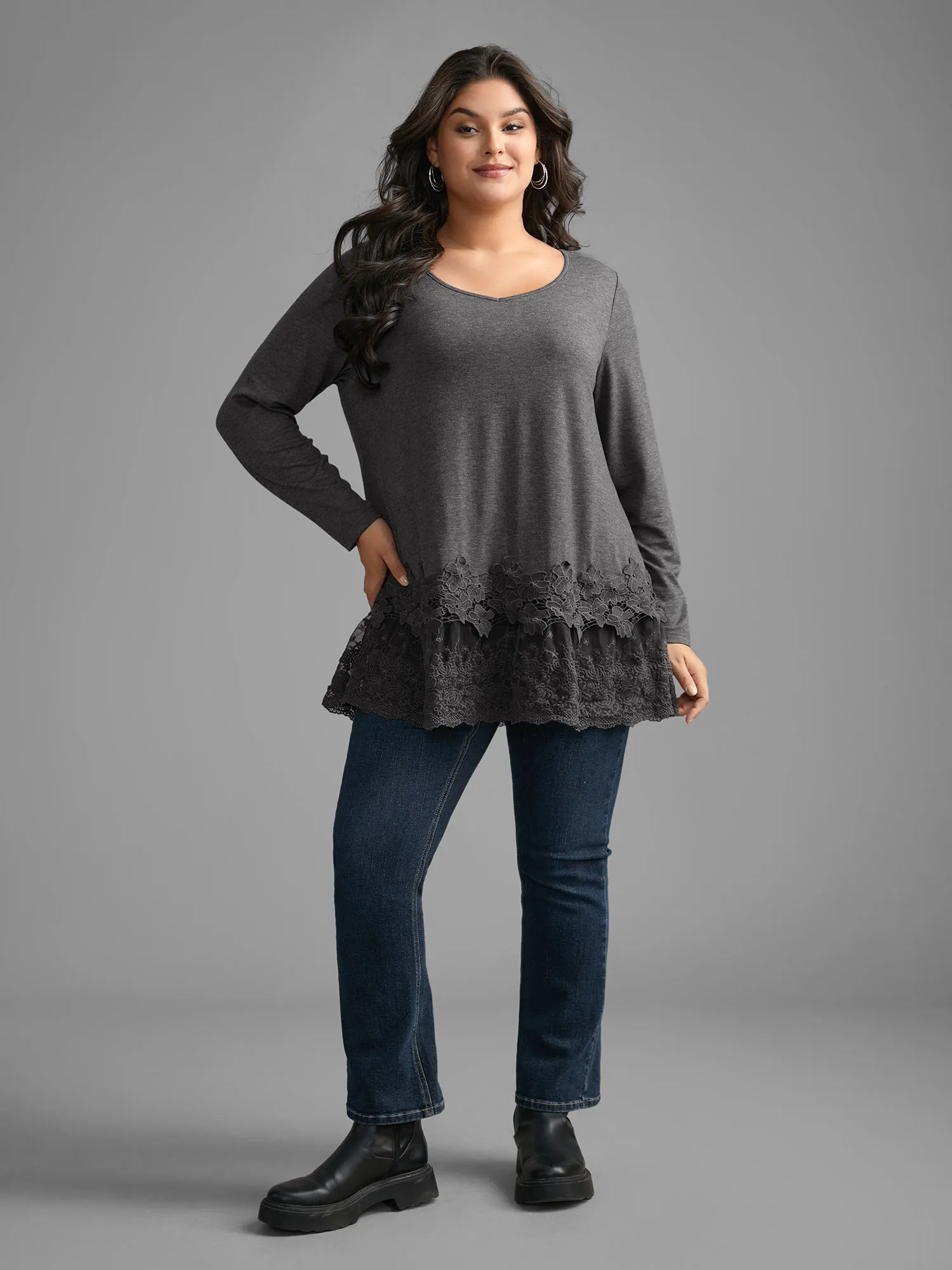 V Neck Lace Panel Jersey Top sold by Bloomchic product image thumbnail 3