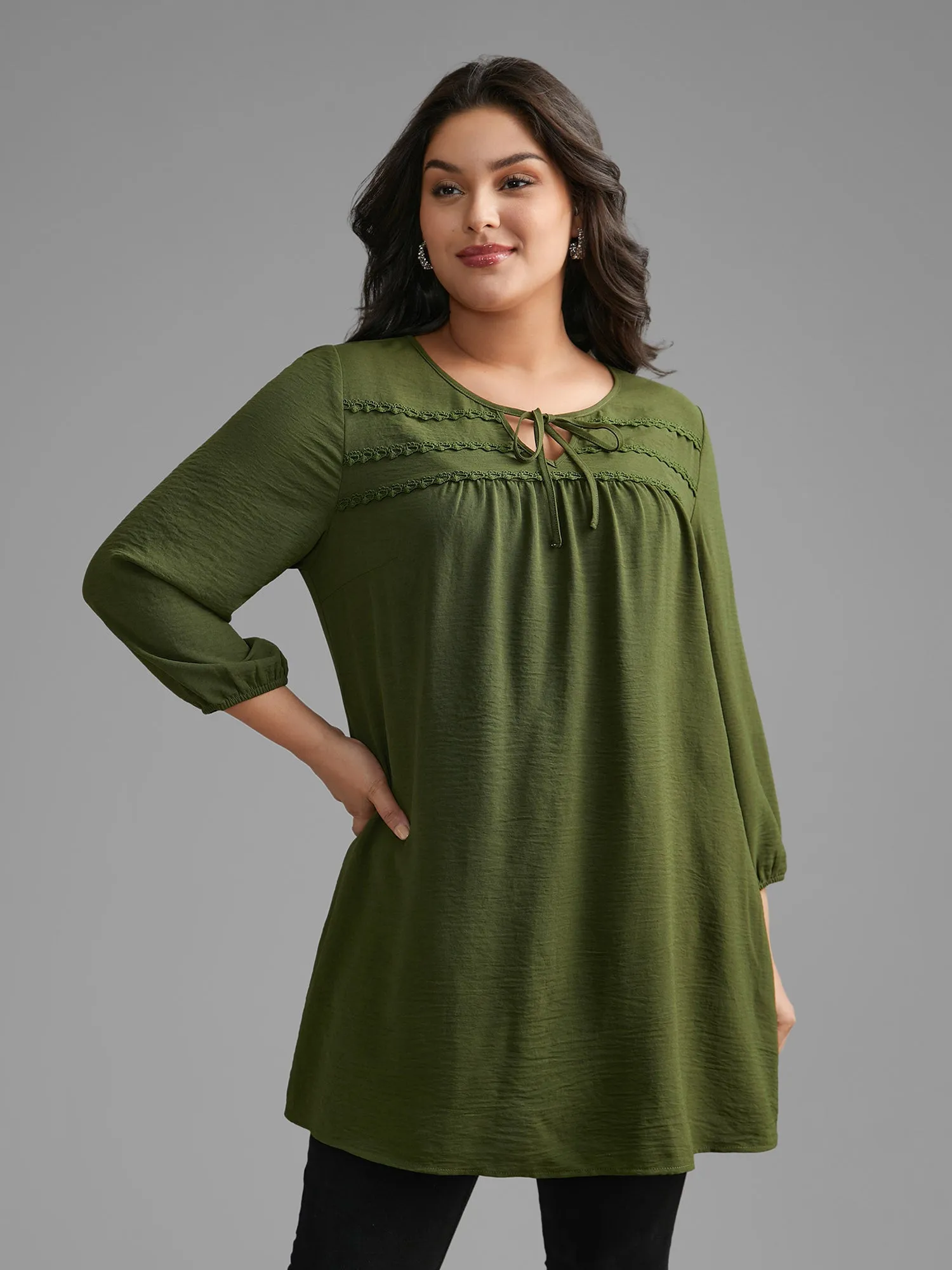 Woven Ribbon Tie Knot Gathered Blouse sold by Bloomchic product image thumbnail 4