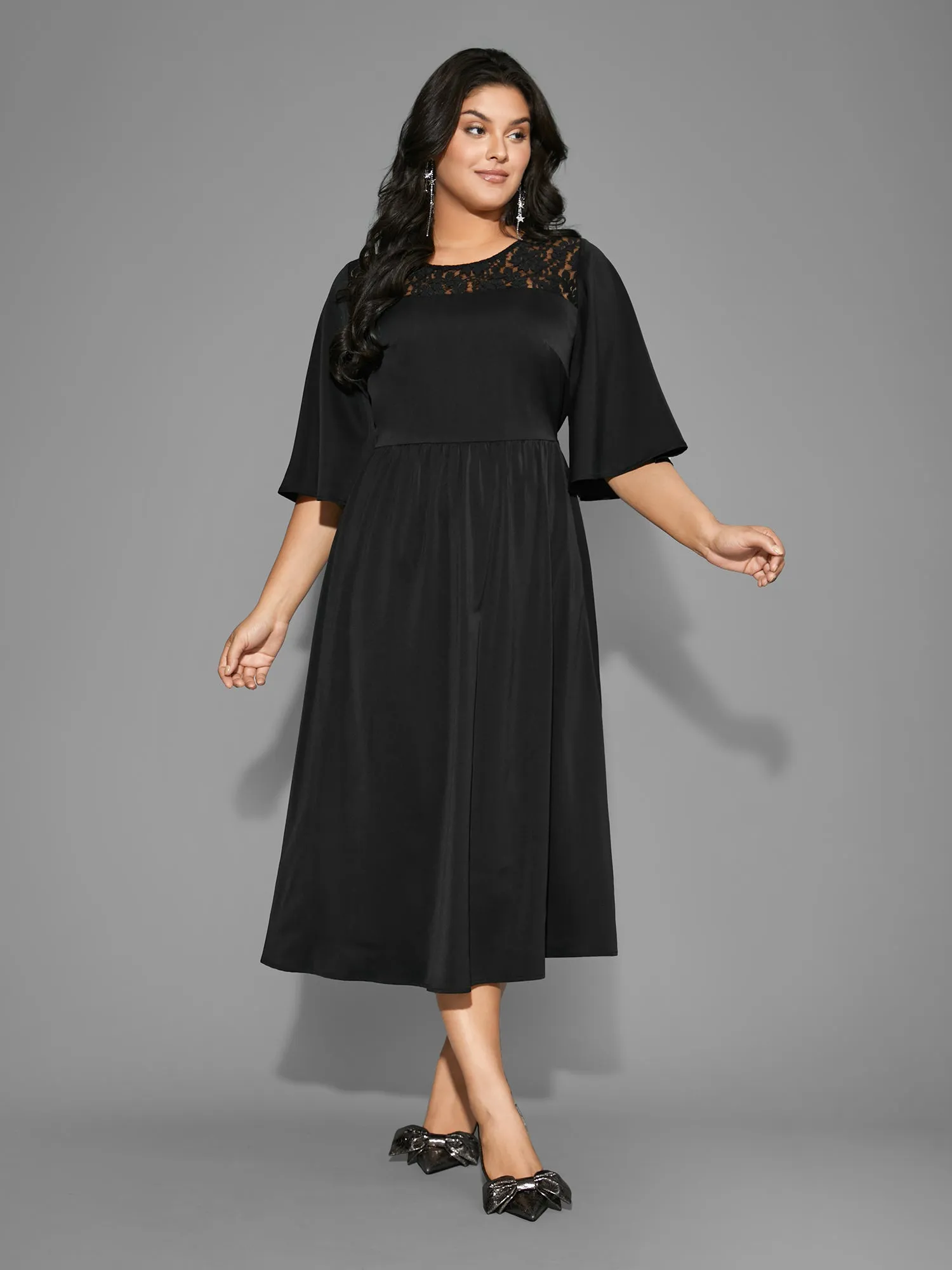 Lace Panel Elastic Waist Ruffle Sleeve Dress sold by Bloomchic product image thumbnail 4