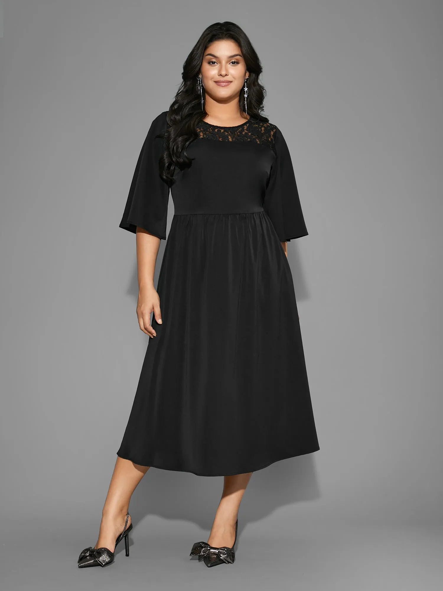 Lace Panel Elastic Waist Ruffle Sleeve Dress sold by Bloomchic product image thumbnail 2