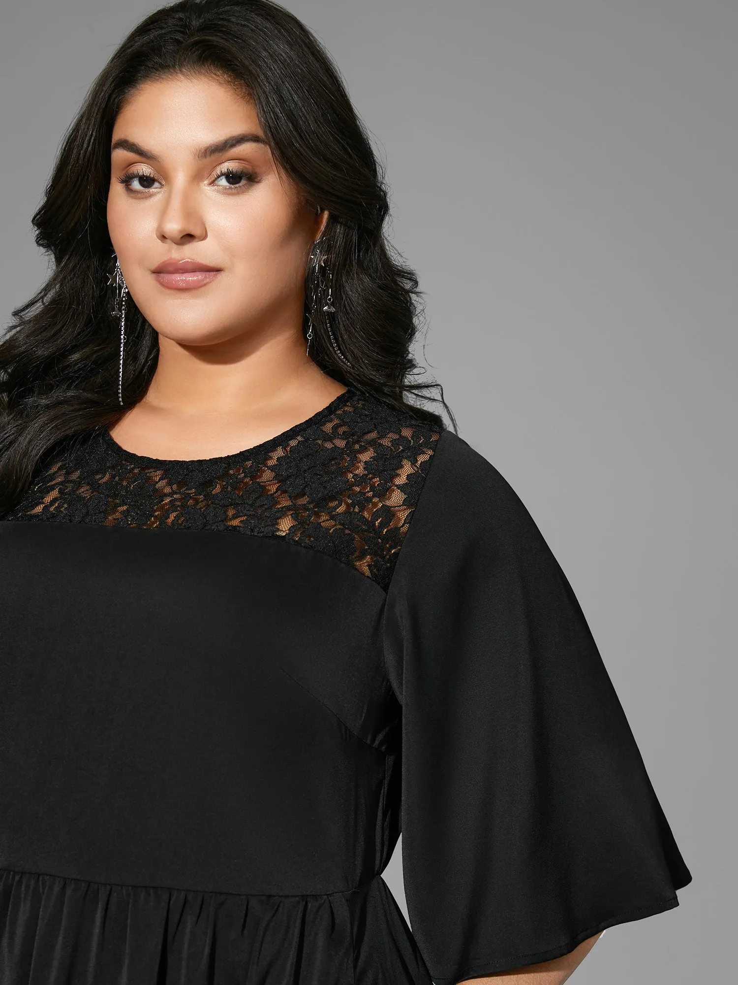 Lace Panel Elastic Waist Ruffle Sleeve Dress sold by Bloomchic product image thumbnail 3