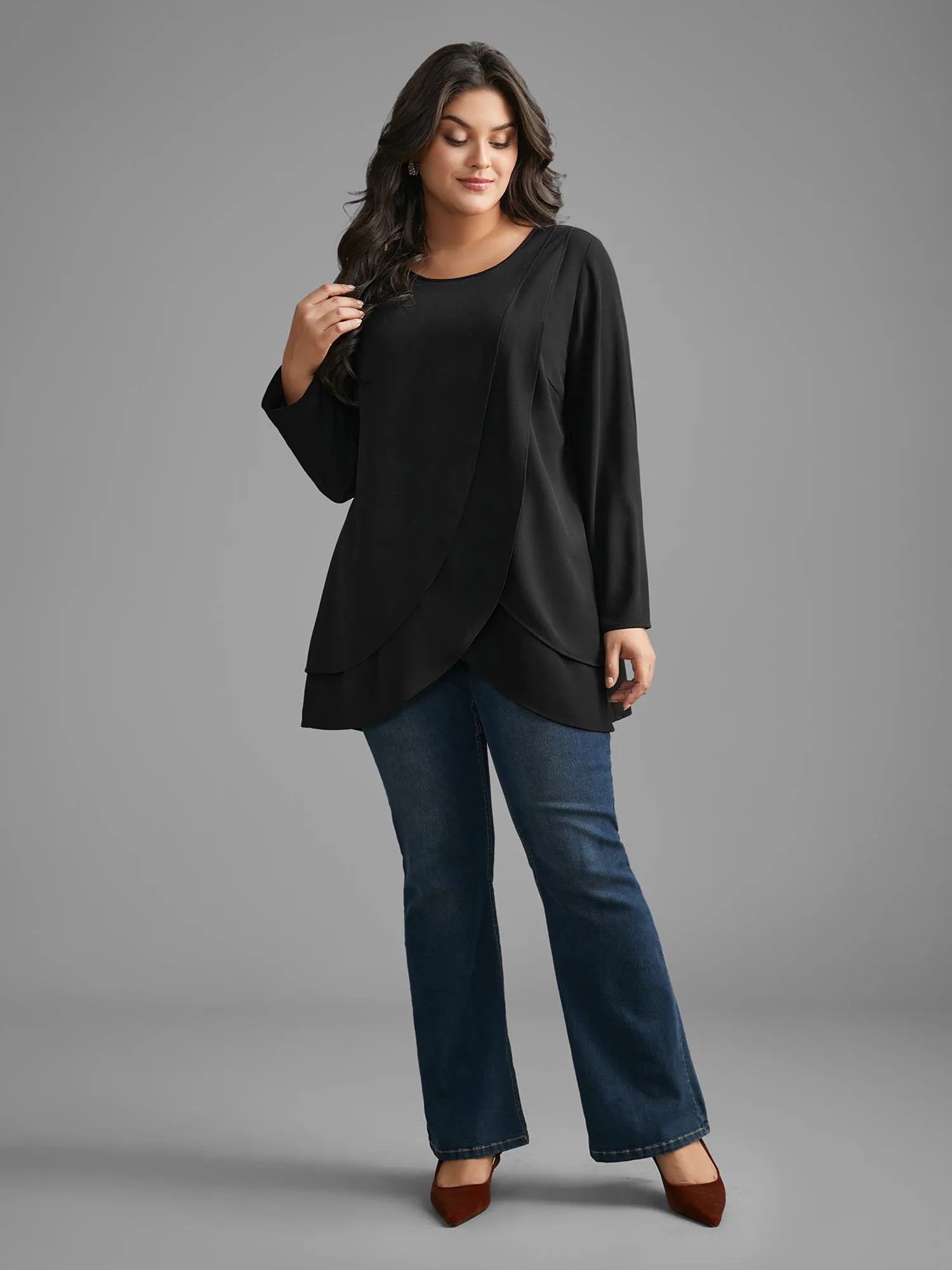 Crew Neck Wrap Tiered Ruffles Blouse sold by Bloomchic product image thumbnail 2