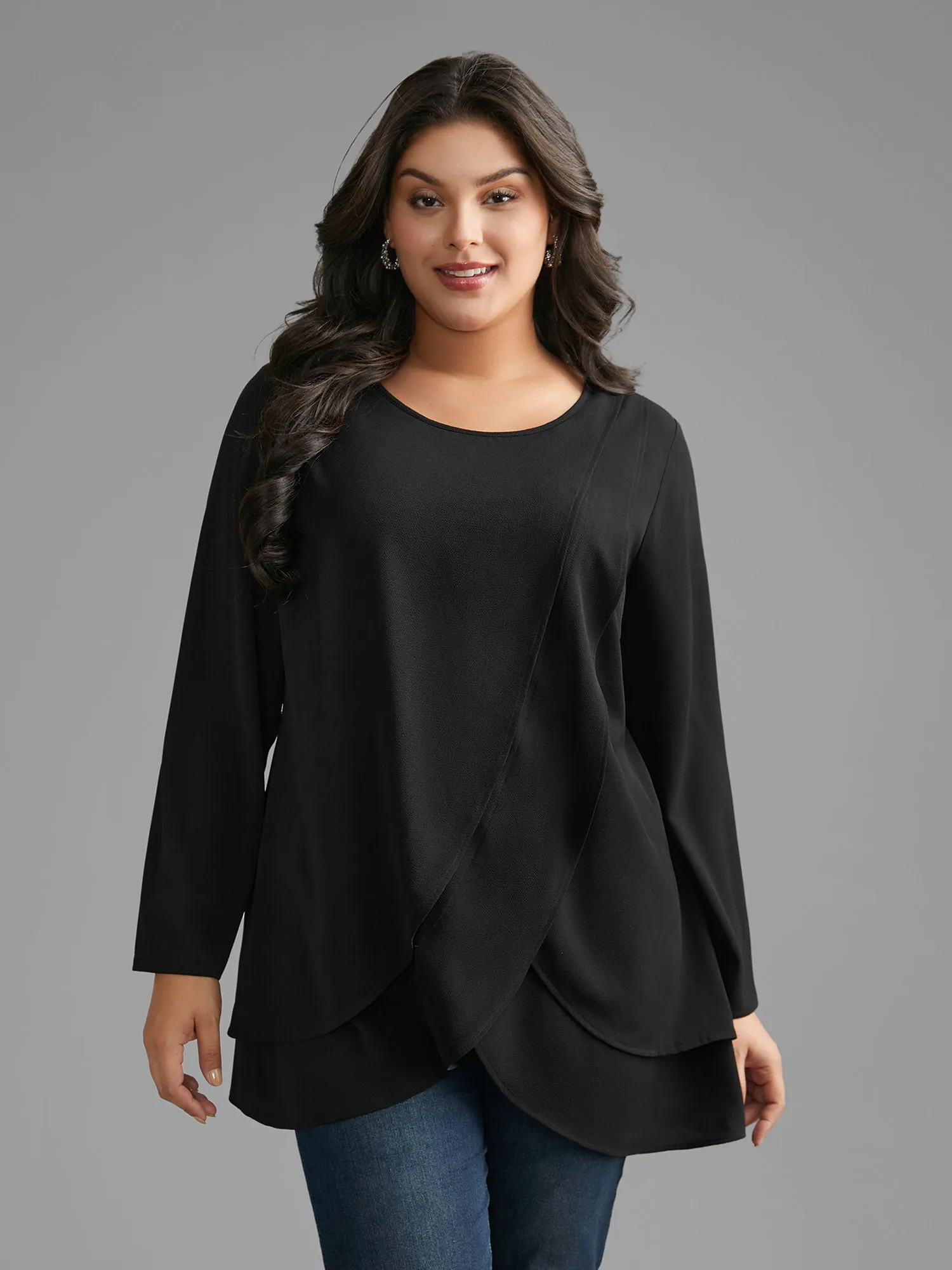Crew Neck Wrap Tiered Ruffles Blouse sold by Bloomchic