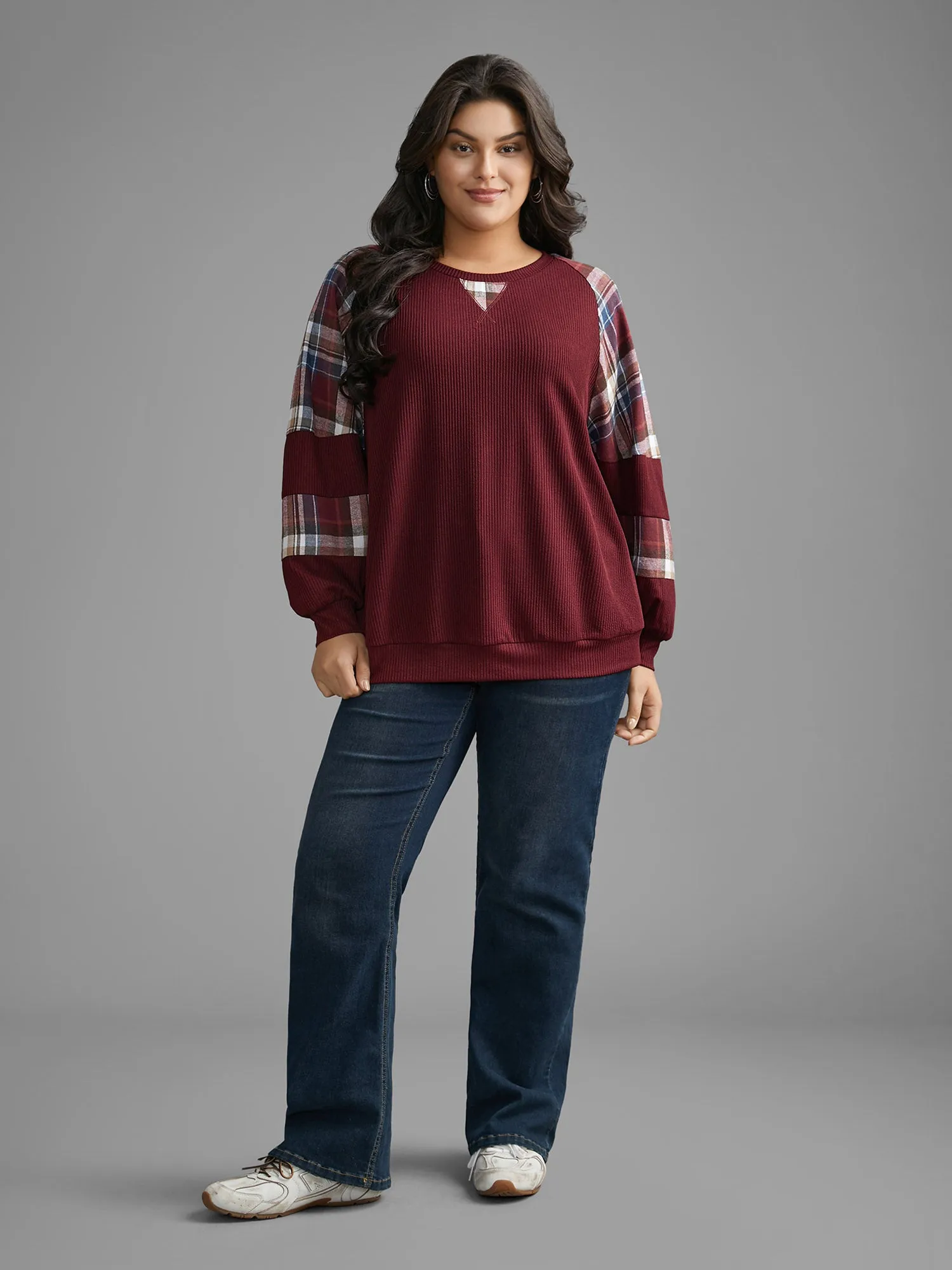 Plaid Patchwork Raglan Sleeve Sweatshirt sold by Bloomchic product image thumbnail 3