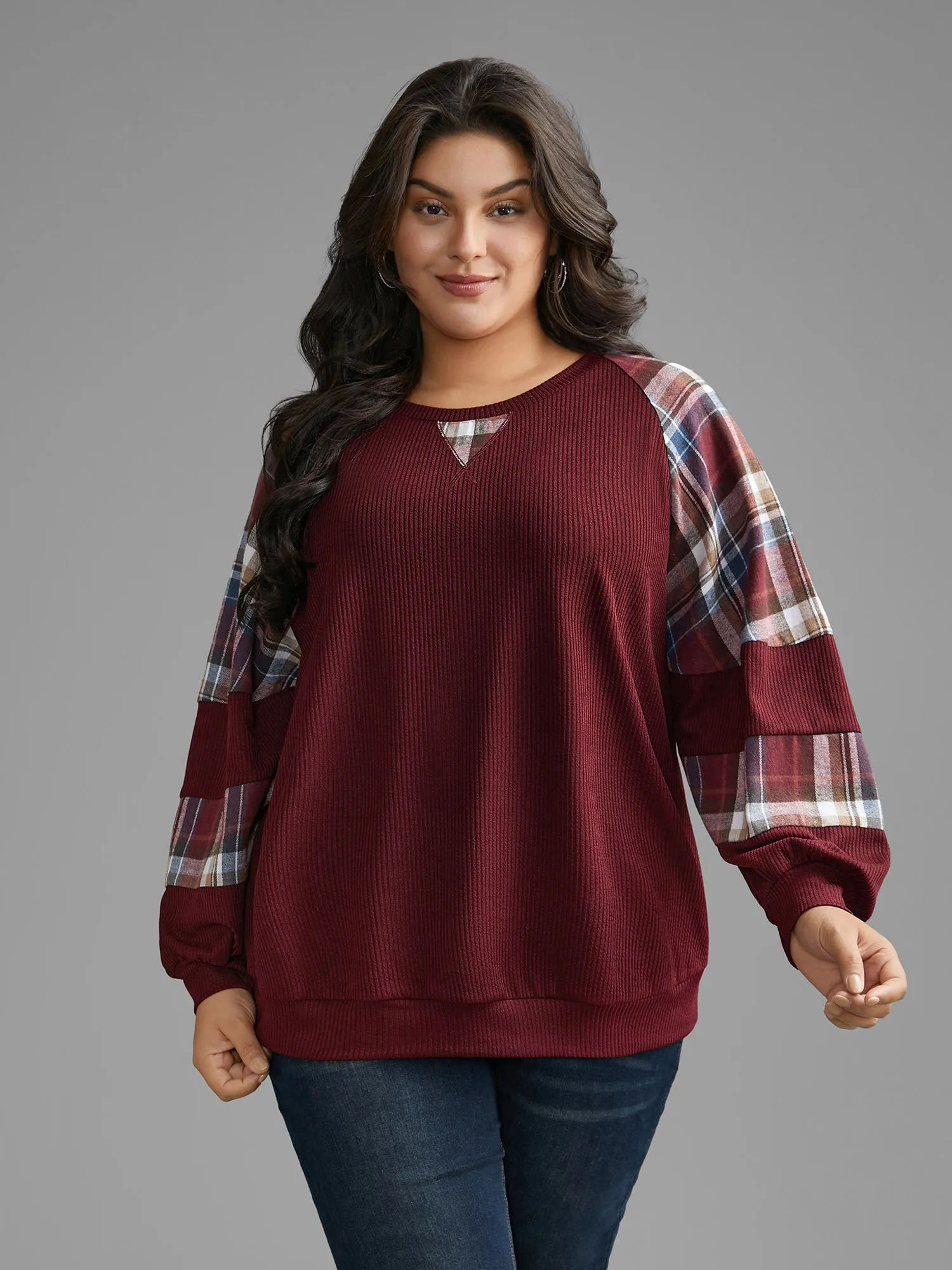 Plaid Patchwork Raglan Sleeve Sweatshirt sold by Bloomchic product image thumbnail 2