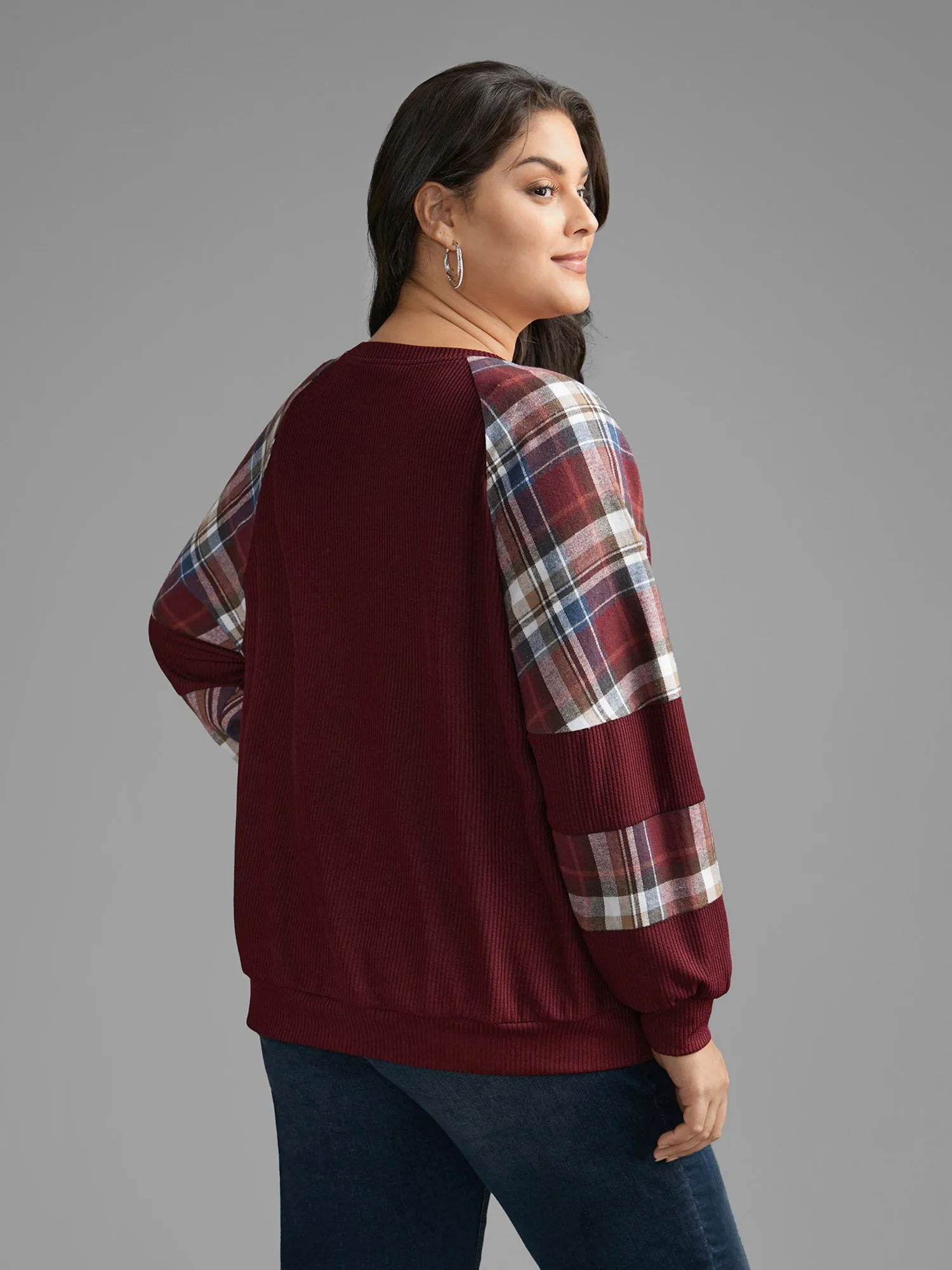Plaid Patchwork Raglan Sleeve Sweatshirt sold by Bloomchic product image thumbnail 5