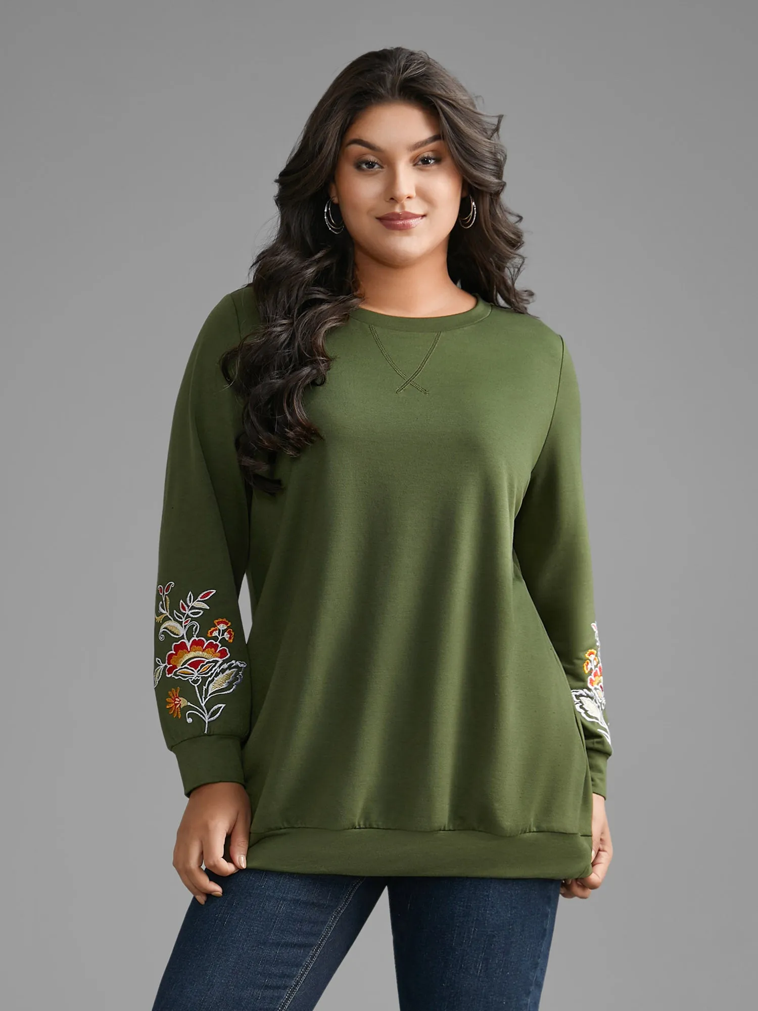 Crew Neck Floral Embroidered Sweatshirt sold by Bloomchic