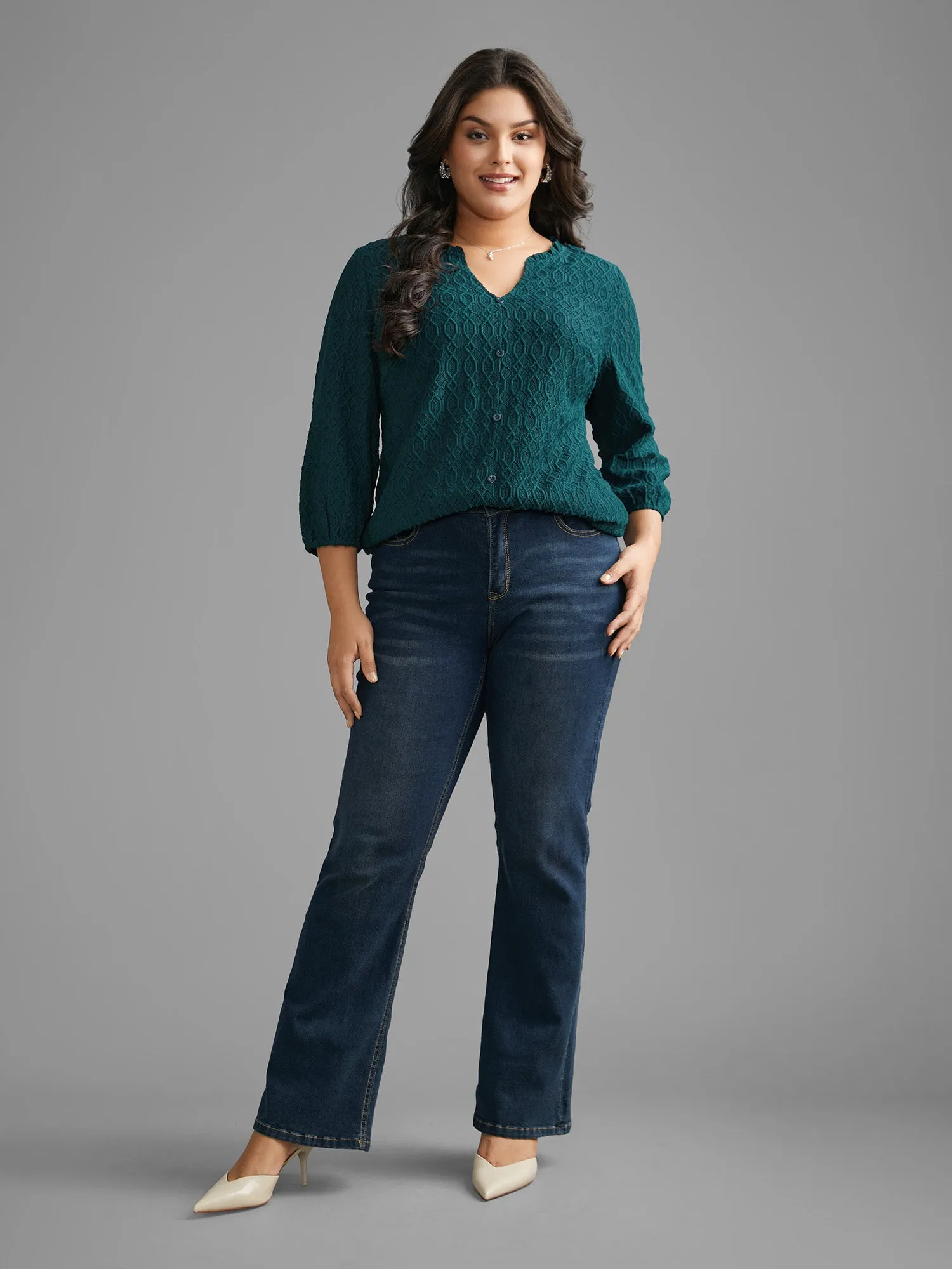 Notched Collar Textured Button Detail Jersey Top sold by Bloomchic product image thumbnail 2