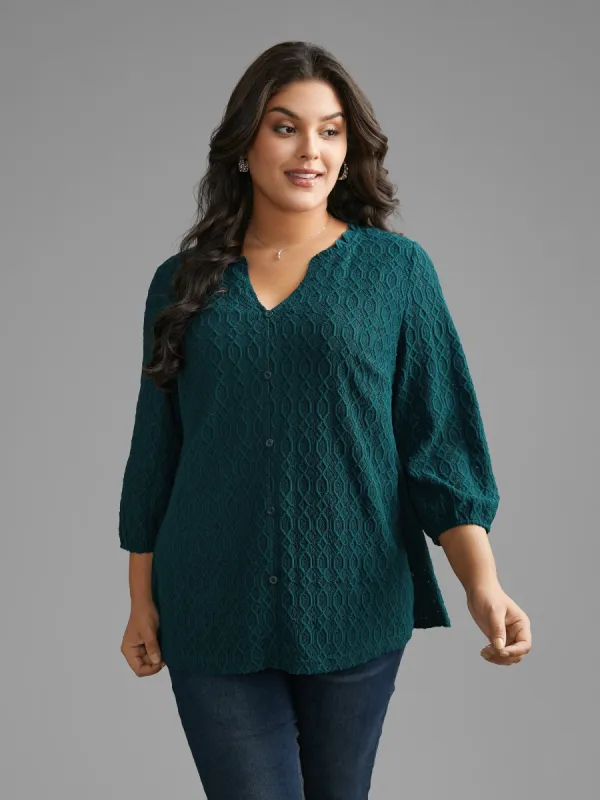 Notched Collar Textured Button Detail Jersey Top sold by Bloomchic