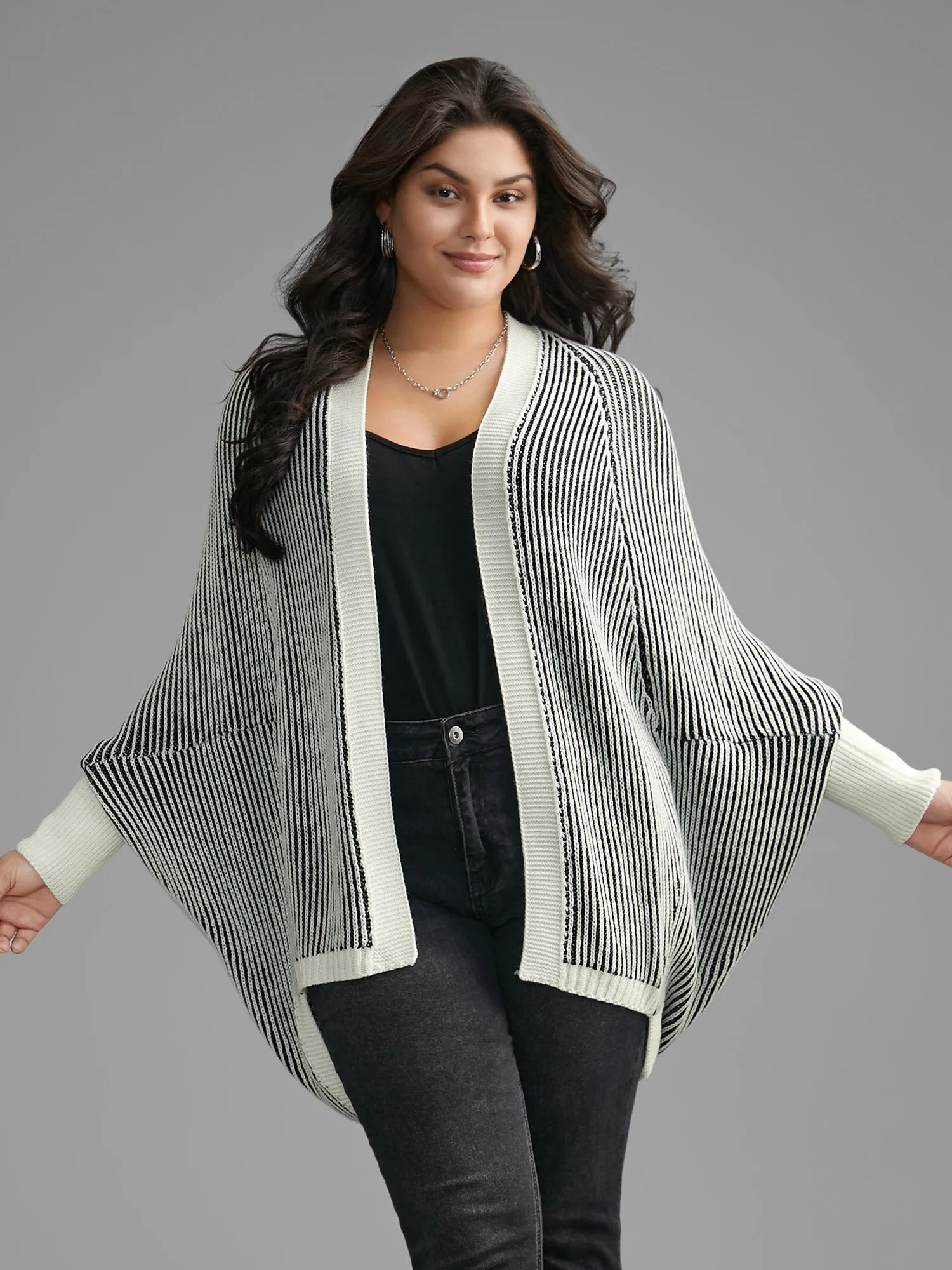 Striped Textured Kimono Collar Dolman Sleeve Cardigan sold by Bloomchic