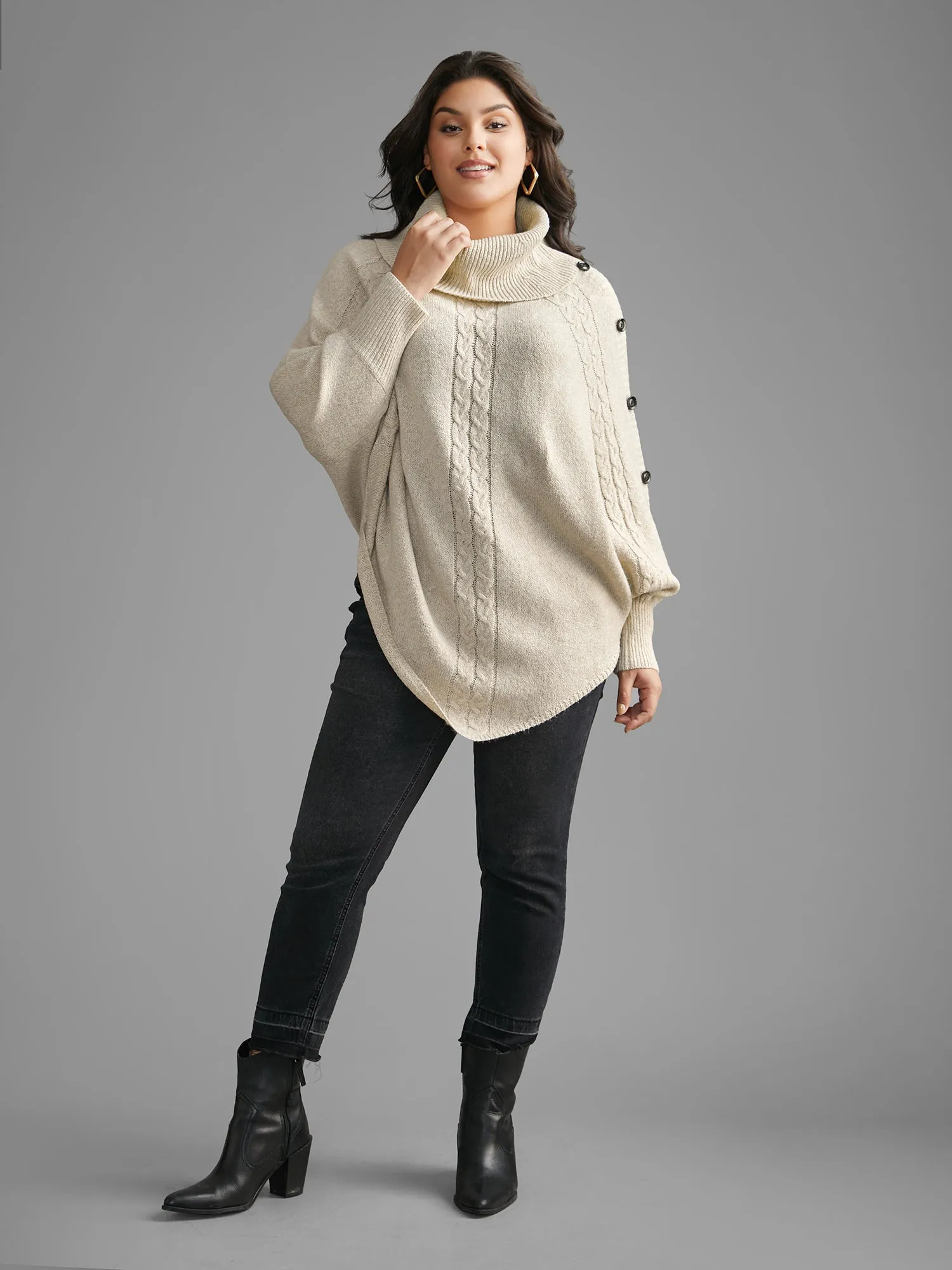 Turtleneck Cable Knit Asymmetrical Hem Pullover sold by Bloomchic product image thumbnail 3