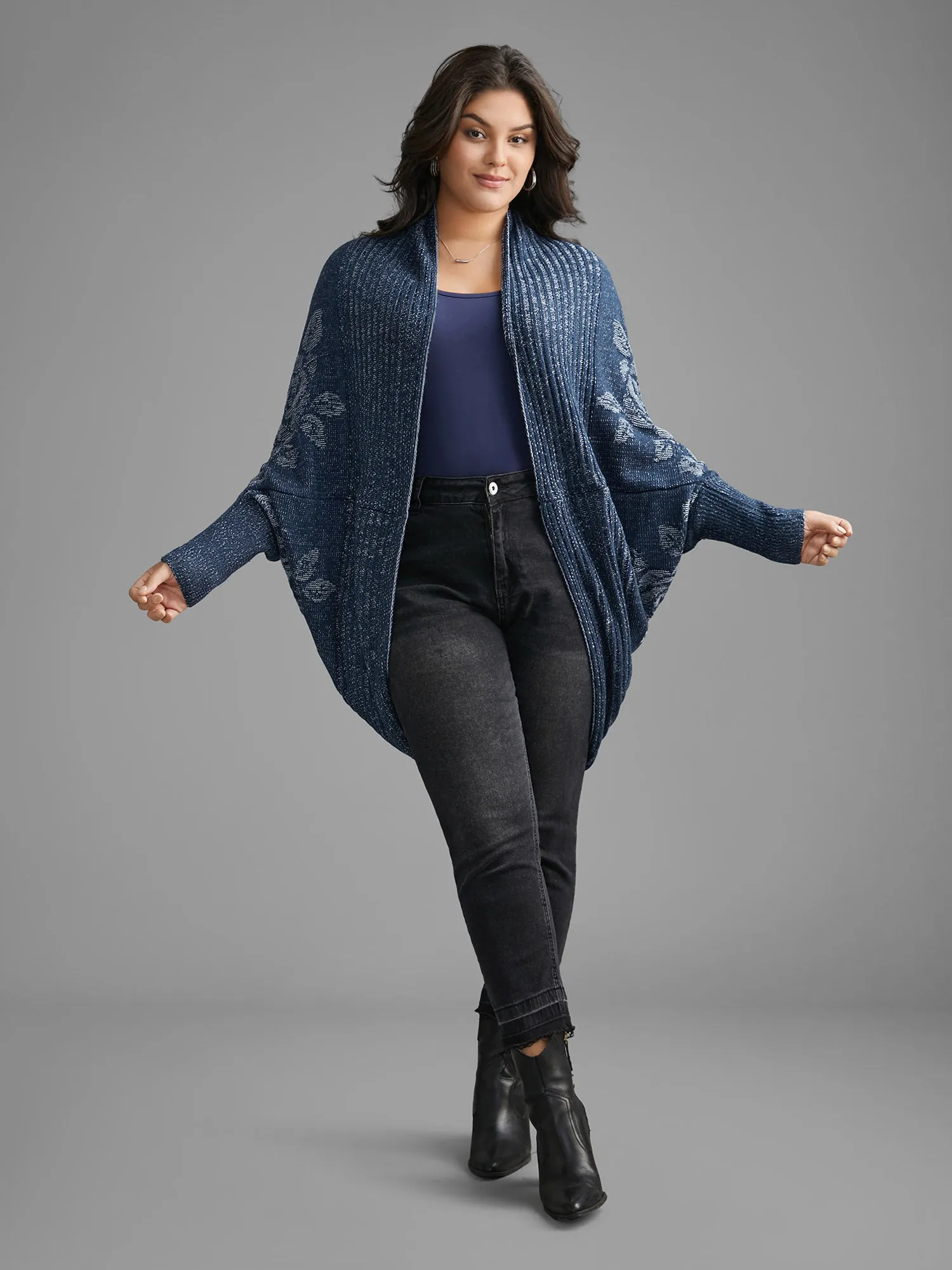 Floral Jacquard Batwing Sleeve Arc Hem Cardigan sold by Bloomchic product image thumbnail 3