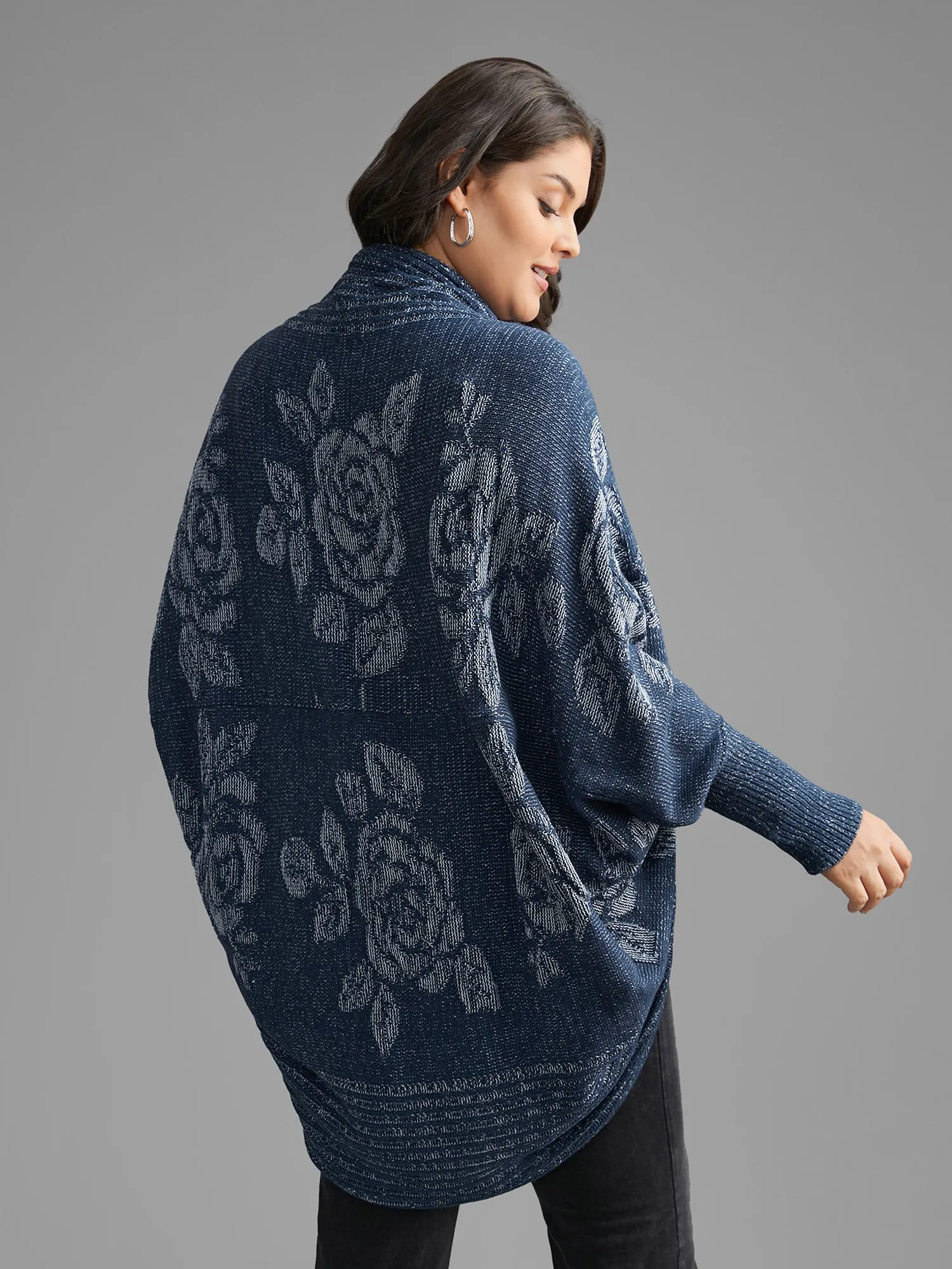 Floral Jacquard Batwing Sleeve Arc Hem Cardigan sold by Bloomchic product image thumbnail 2