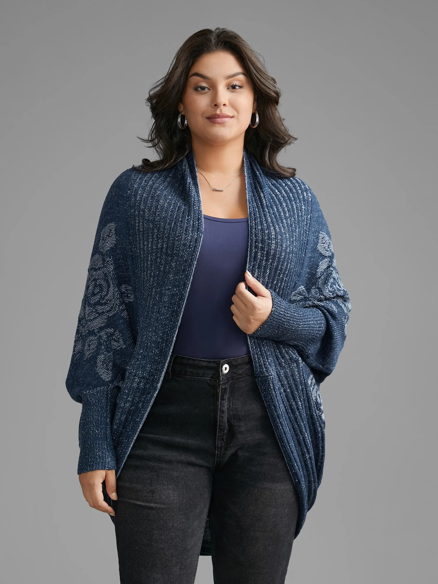 Floral Jacquard Batwing Sleeve Arc Hem Cardigan sold by Bloomchic product image thumbnail 5