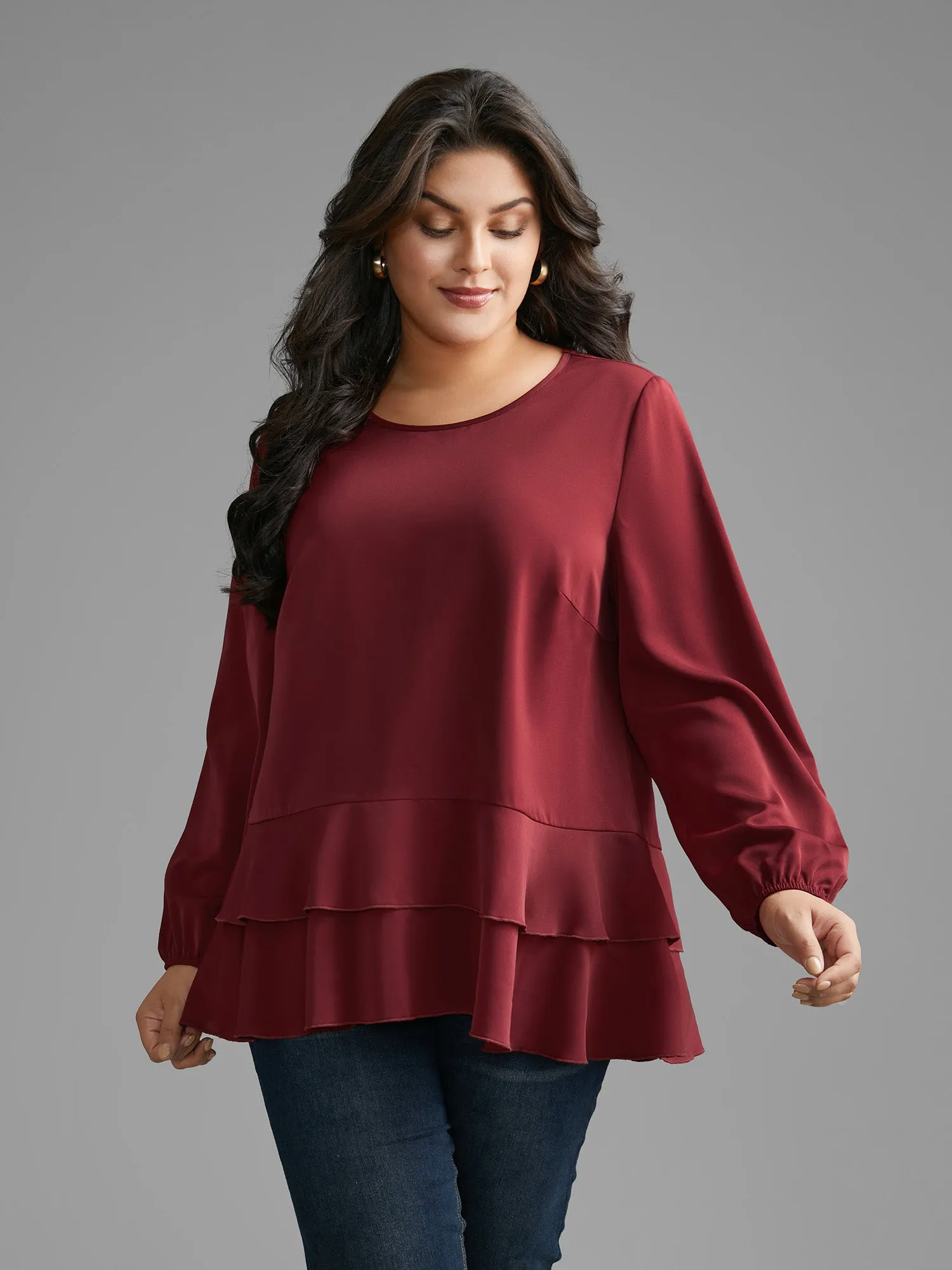 Plain Tiered Ruffle Hem Lantern Sleeve Blouse sold by Bloomchic
