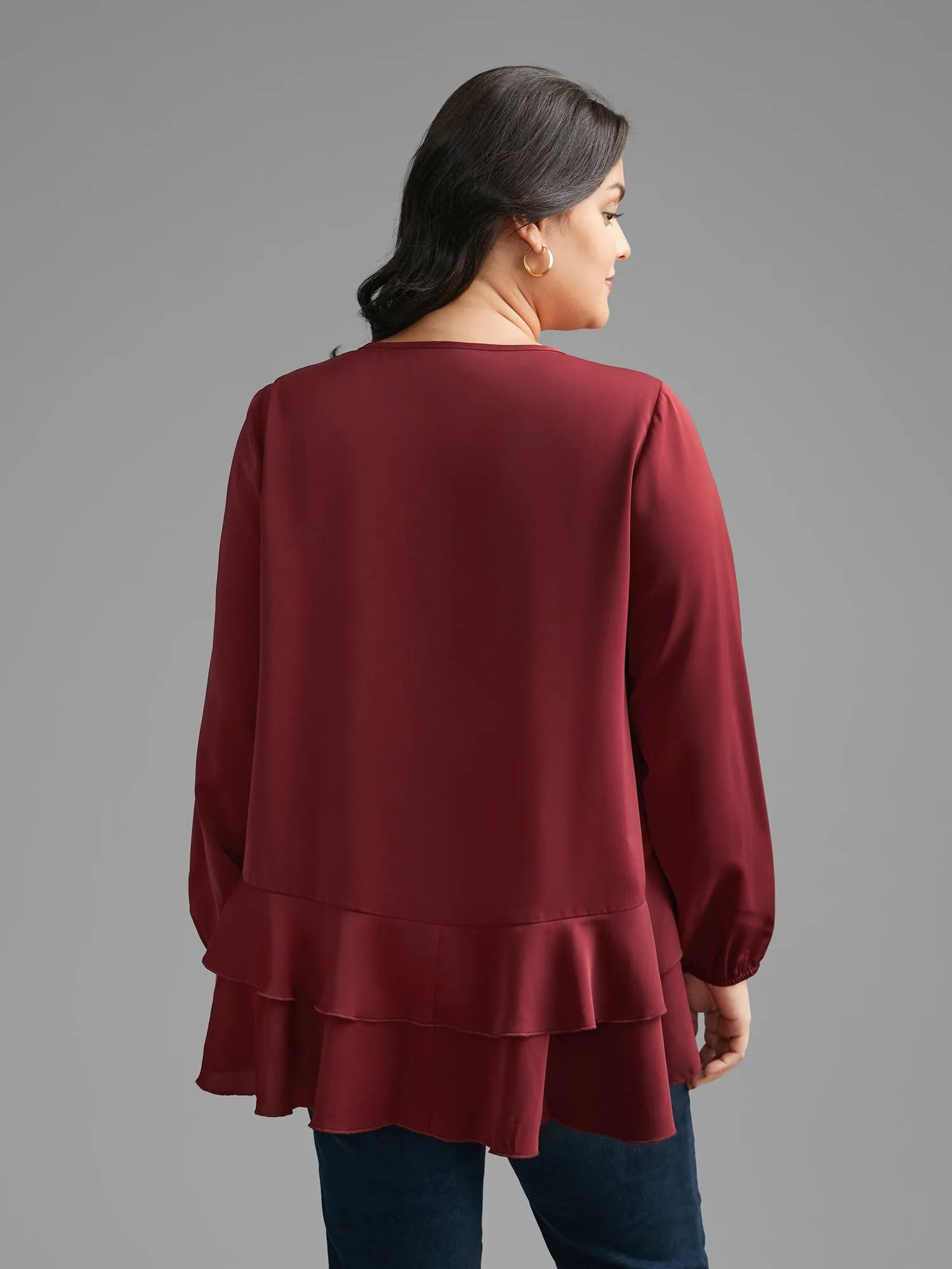 Plain Tiered Ruffle Hem Lantern Sleeve Blouse sold by Bloomchic product image thumbnail 5