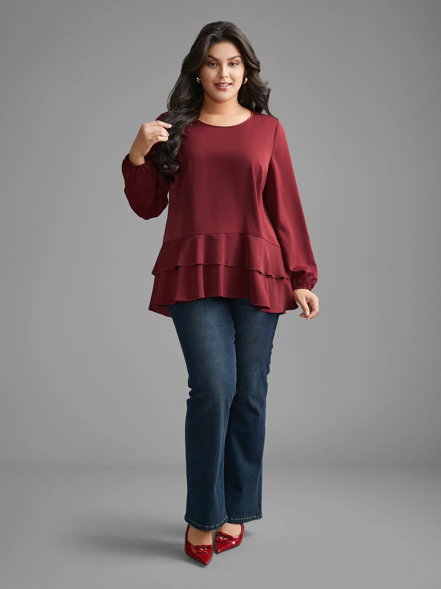 Plain Tiered Ruffle Hem Lantern Sleeve Blouse sold by Bloomchic product image thumbnail 2