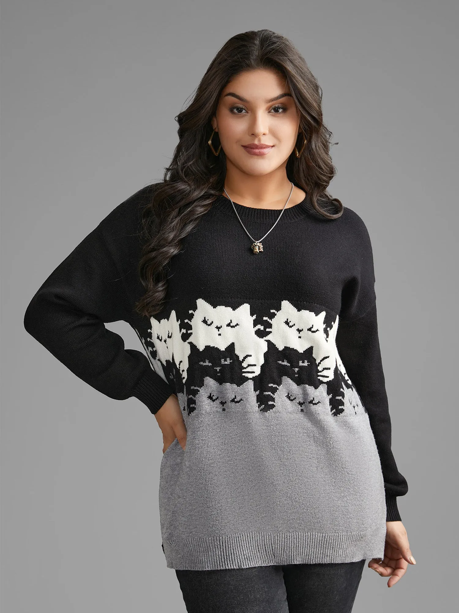 Cat Contrast Drop Shoulder Pullover sold by Bloomchic product image thumbnail 4
