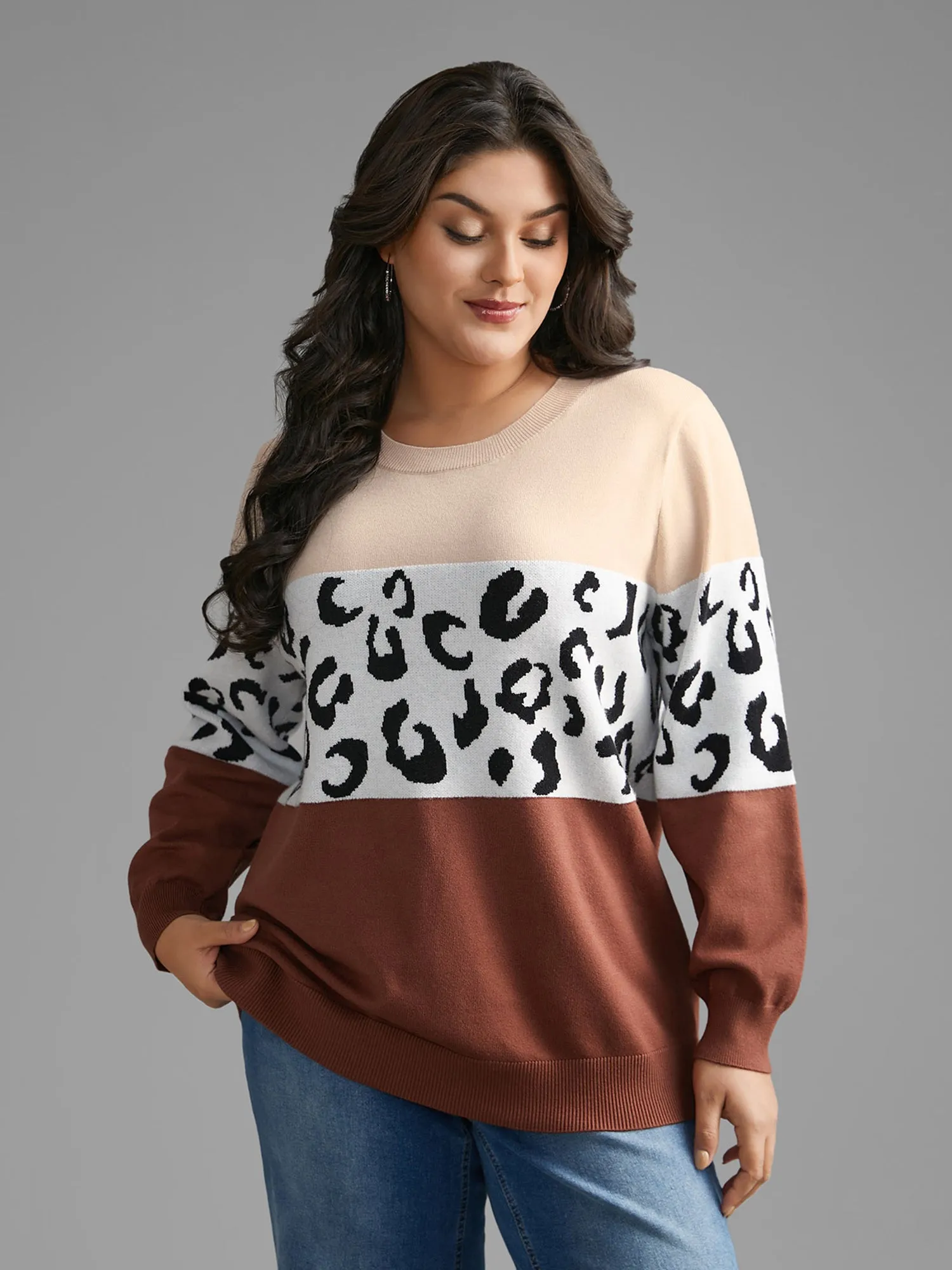 Crew Neck Leopard Print Contrast Pullover sold by Bloomchic