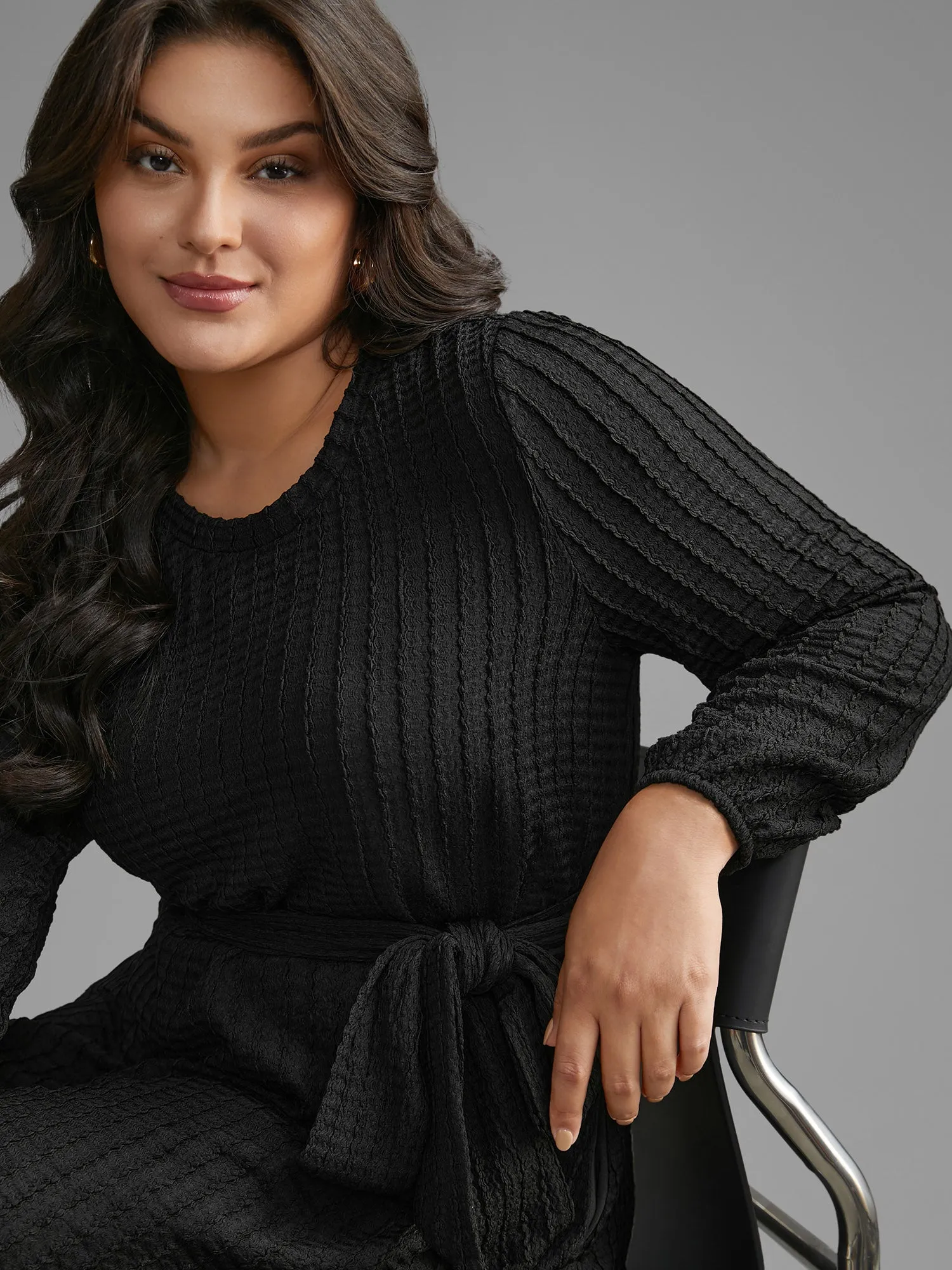 Plain Textured Belted Knit Dress sold by Bloomchic