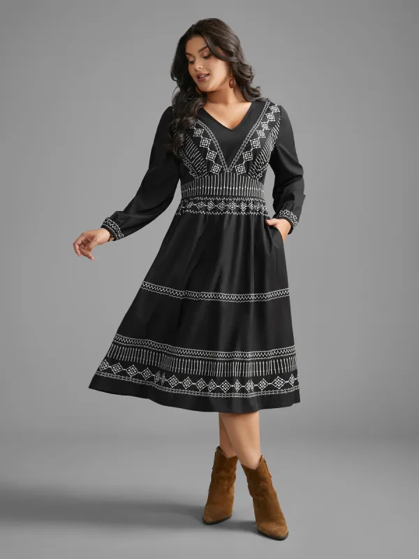 Boho Print V Neck Shirred Dress sold by Bloomchic