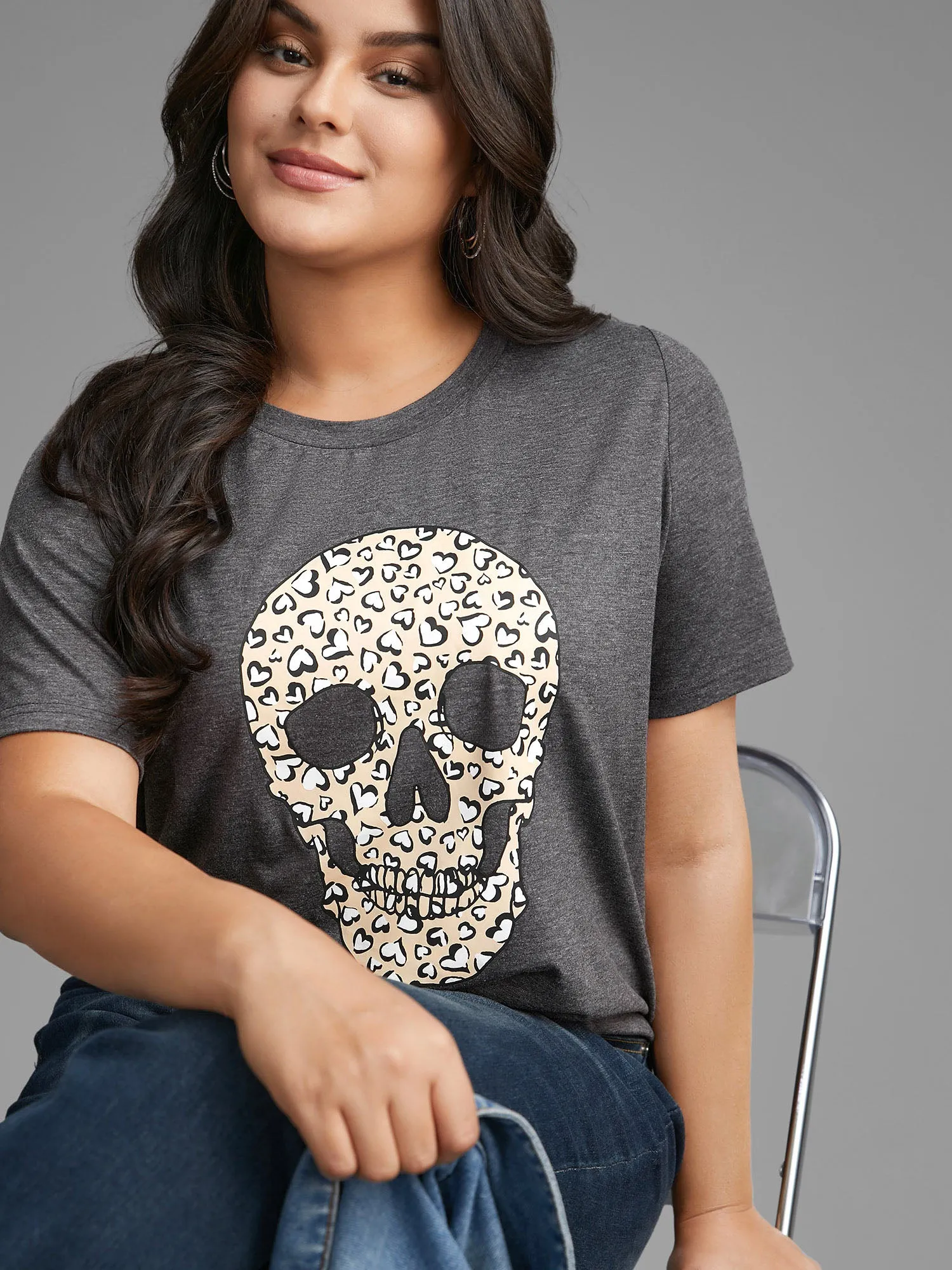 Crew Neck Skull Leopard Print T-shirt sold by Bloomchic