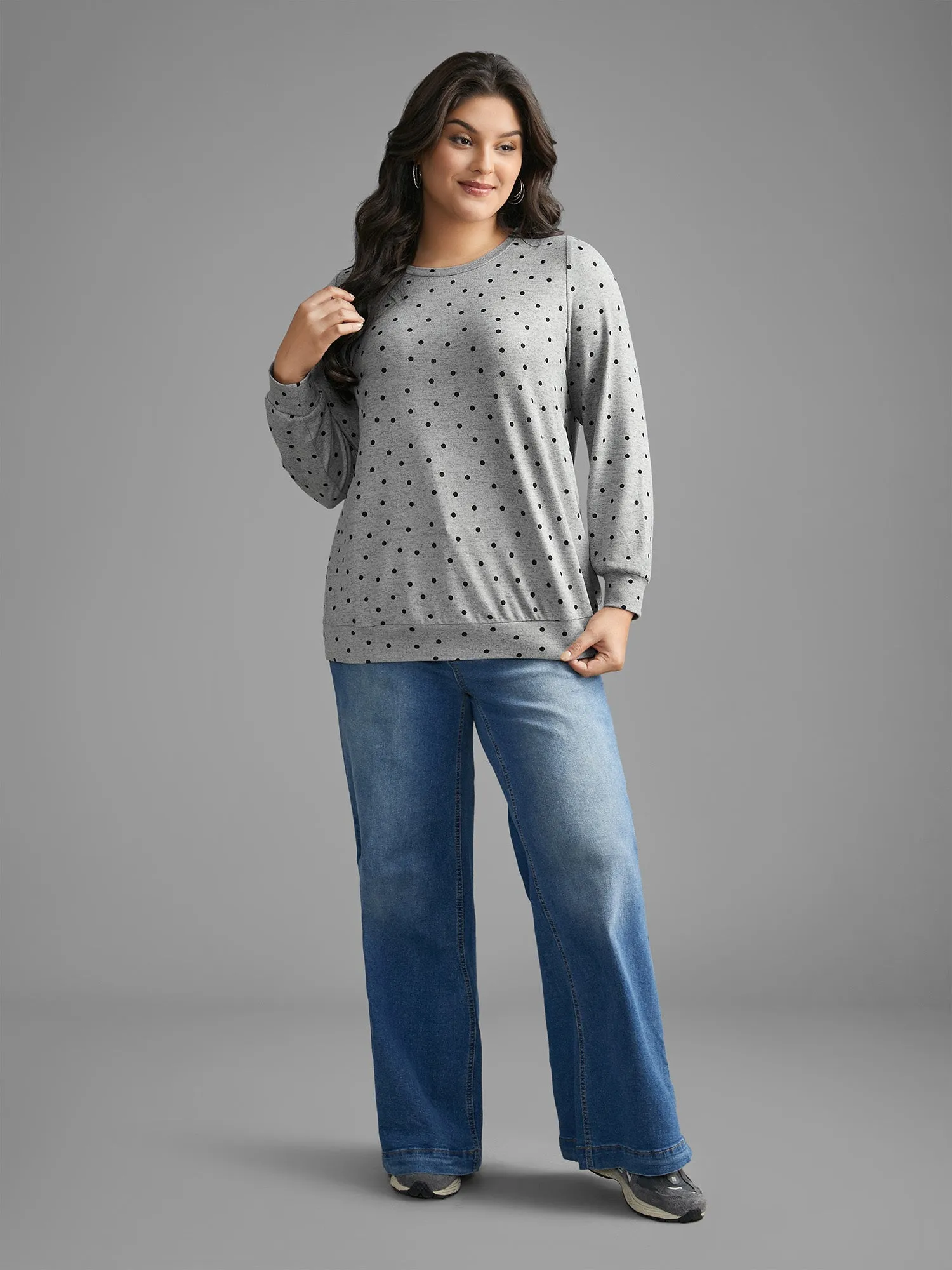 Polka Dot Heather Slightly Stretchy Sweatshirt sold by Bloomchic product image thumbnail 4