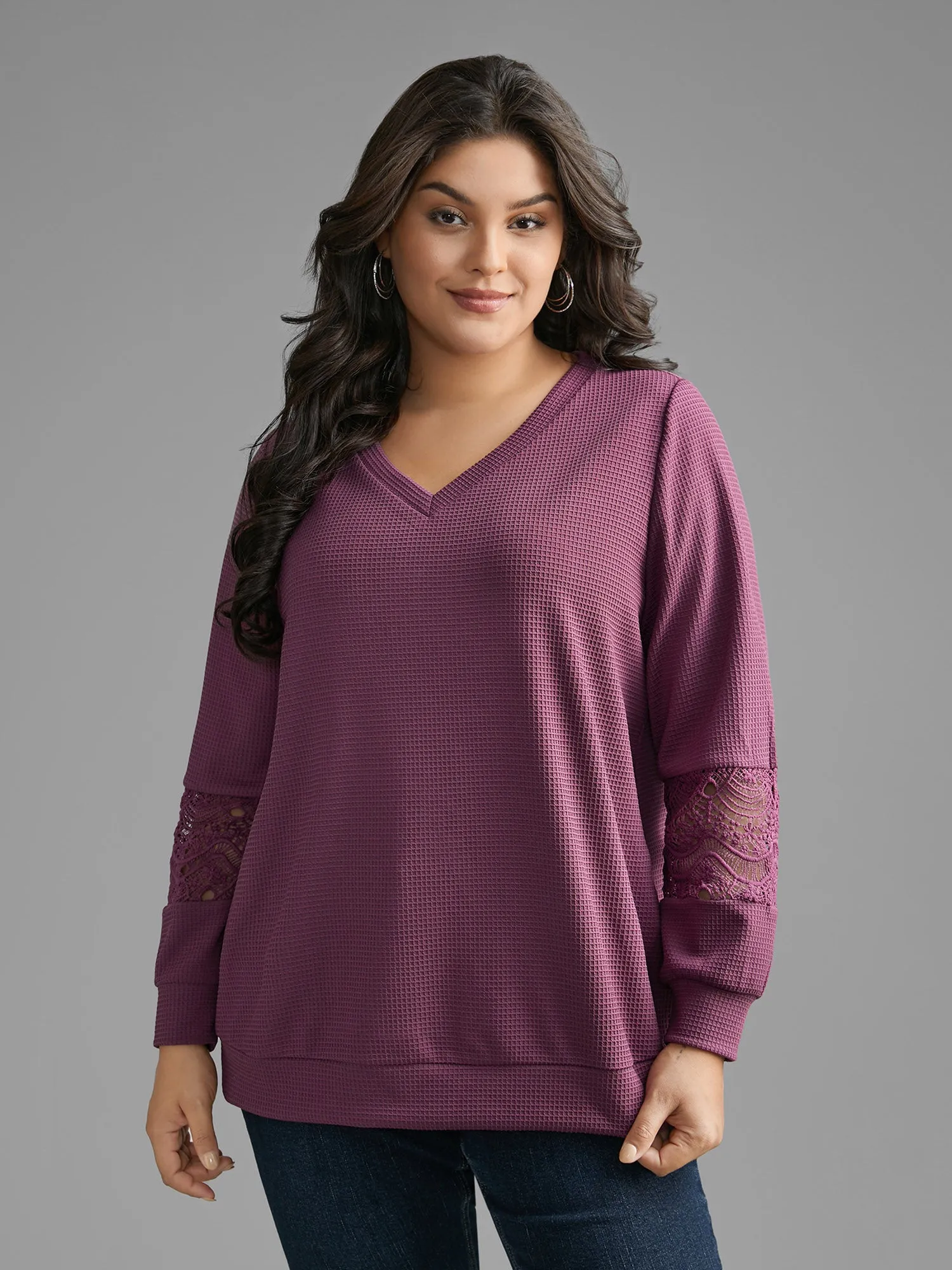 V Neck Textured Lace Patchwork Sweatshirt sold by Bloomchic product image thumbnail 2