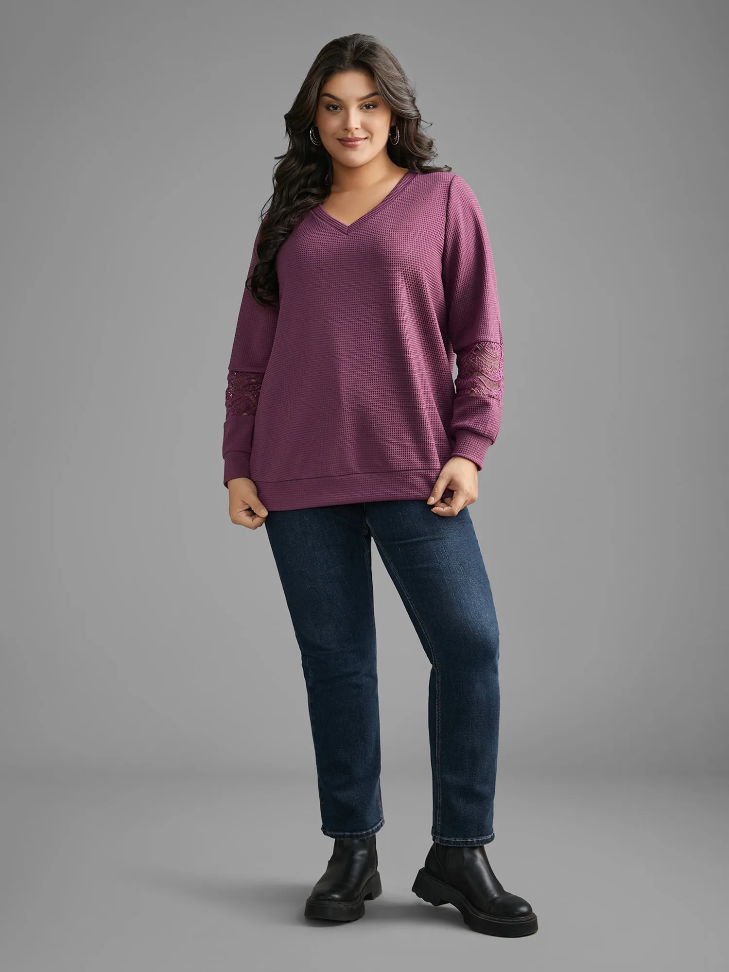 V Neck Textured Lace Patchwork Sweatshirt sold by Bloomchic product image thumbnail 5