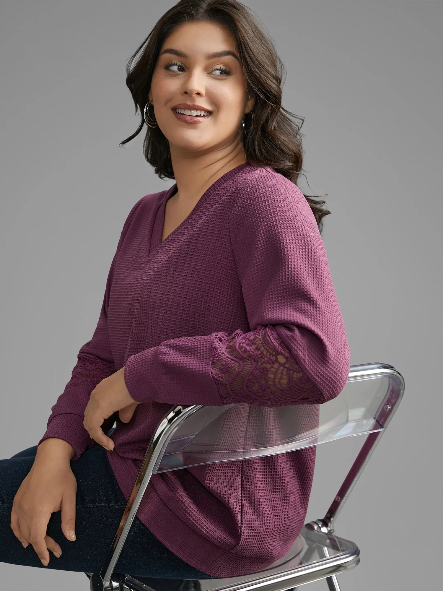 V Neck Textured Lace Patchwork Sweatshirt sold by Bloomchic