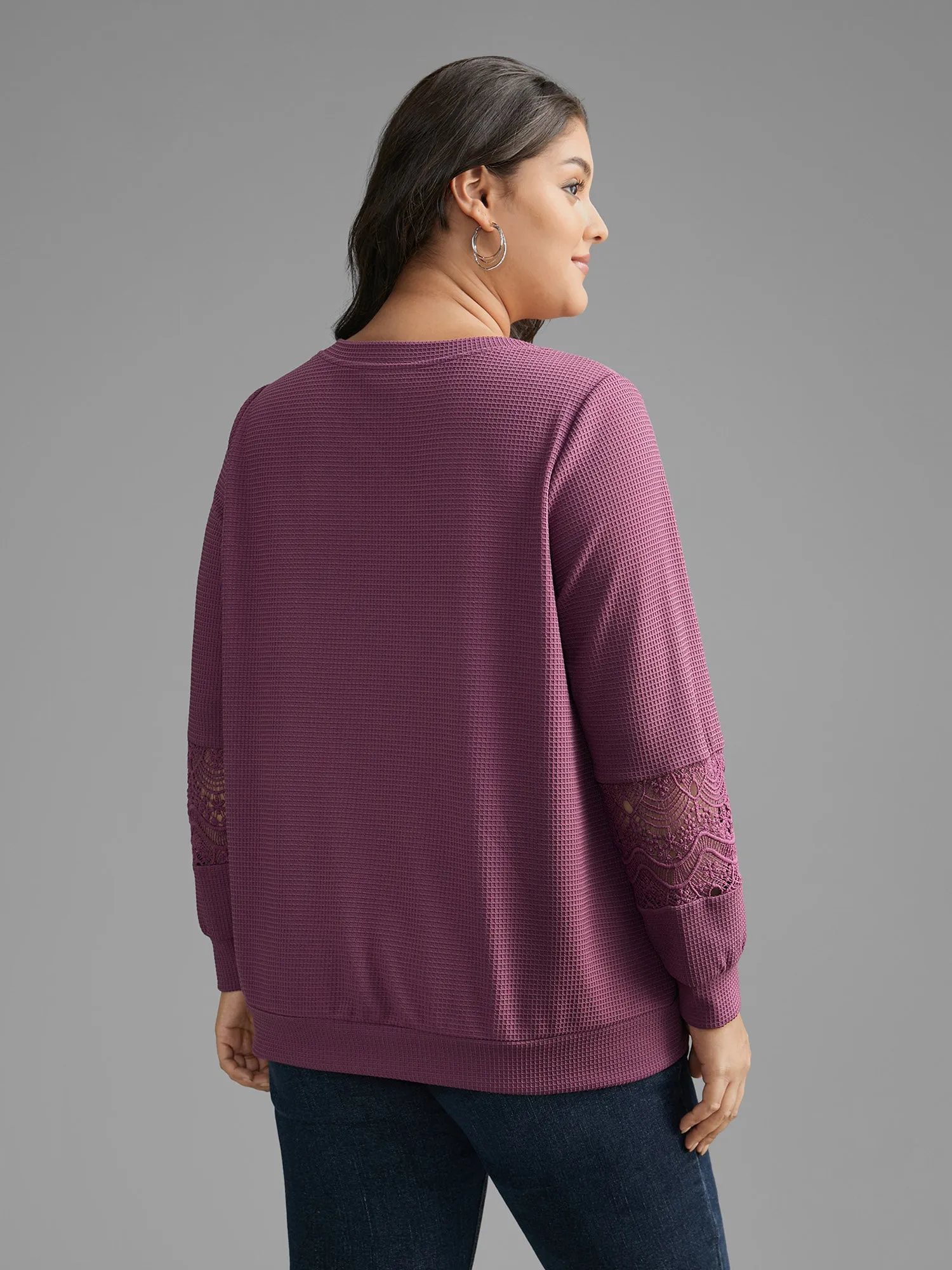 V Neck Textured Lace Patchwork Sweatshirt sold by Bloomchic product image thumbnail 4