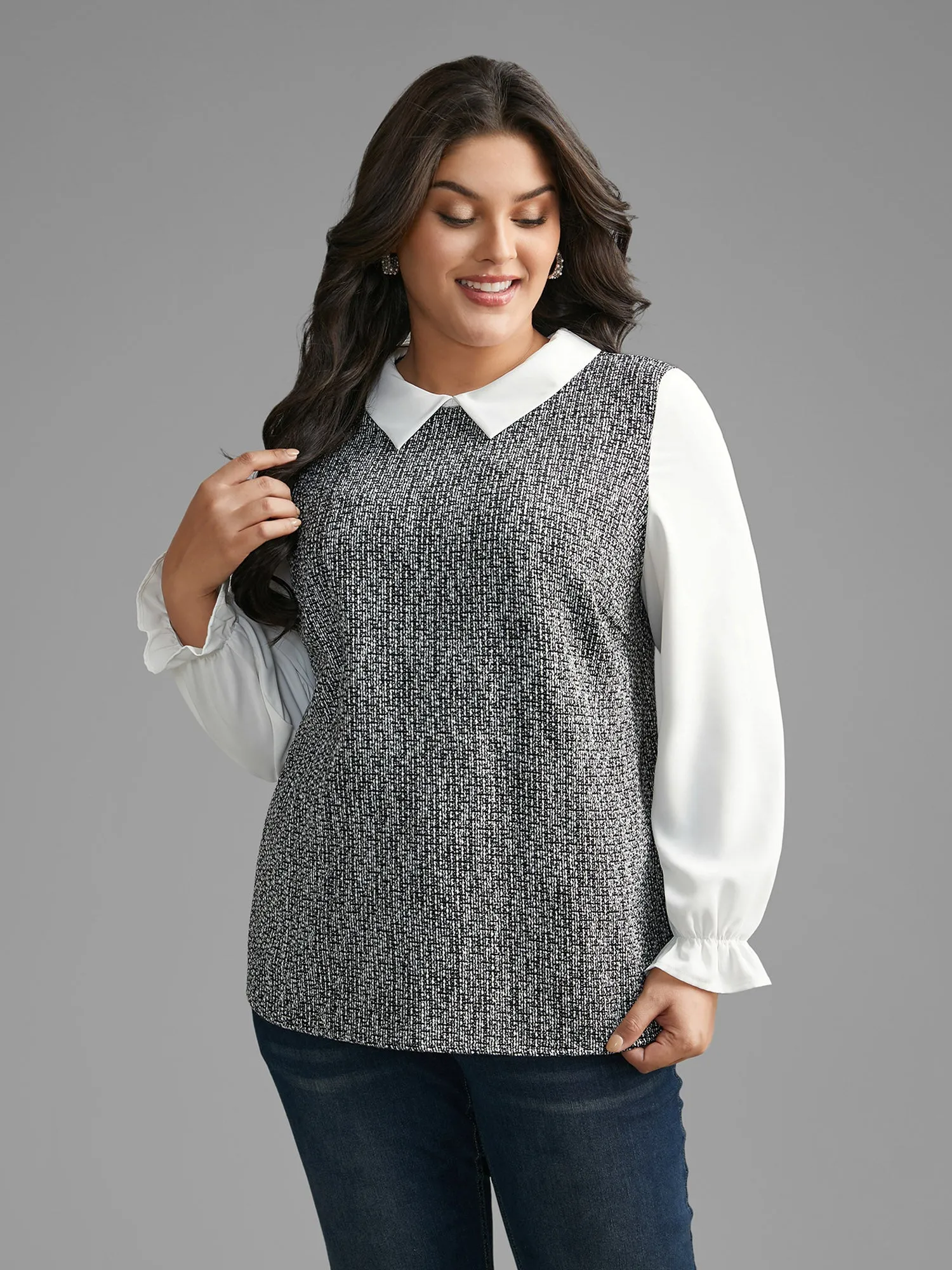 Tweed Patchwork Lantern Sleeve Blouse sold by Bloomchic product image thumbnail 4