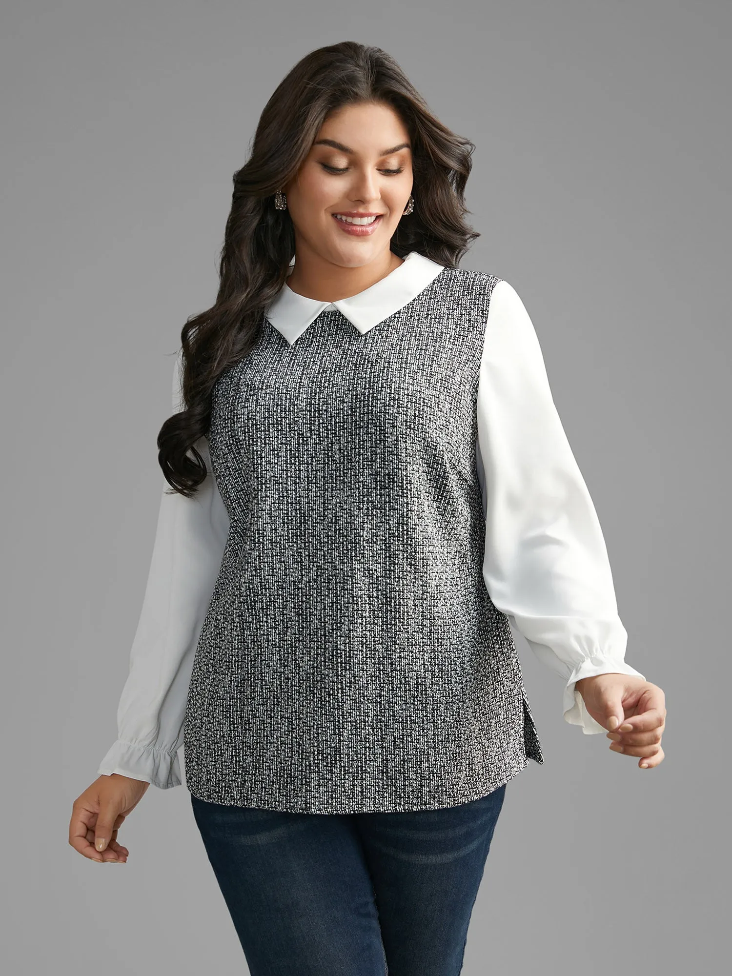 Tweed Patchwork Lantern Sleeve Blouse sold by Bloomchic product image thumbnail 3