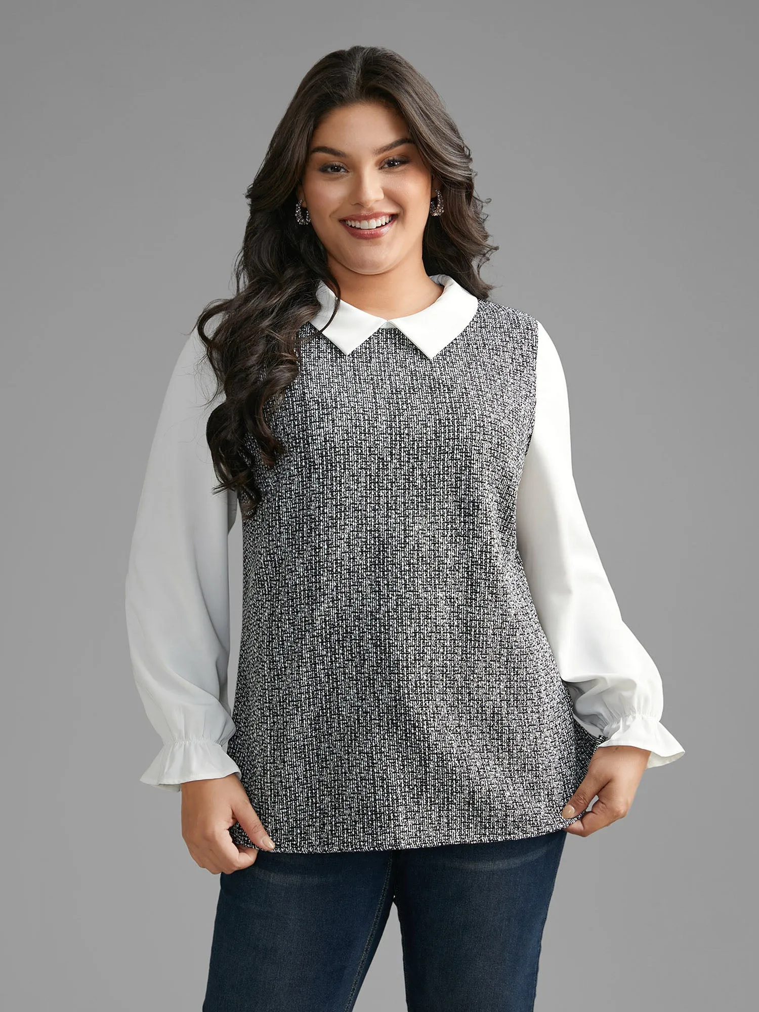 Tweed Patchwork Lantern Sleeve Blouse sold by Bloomchic