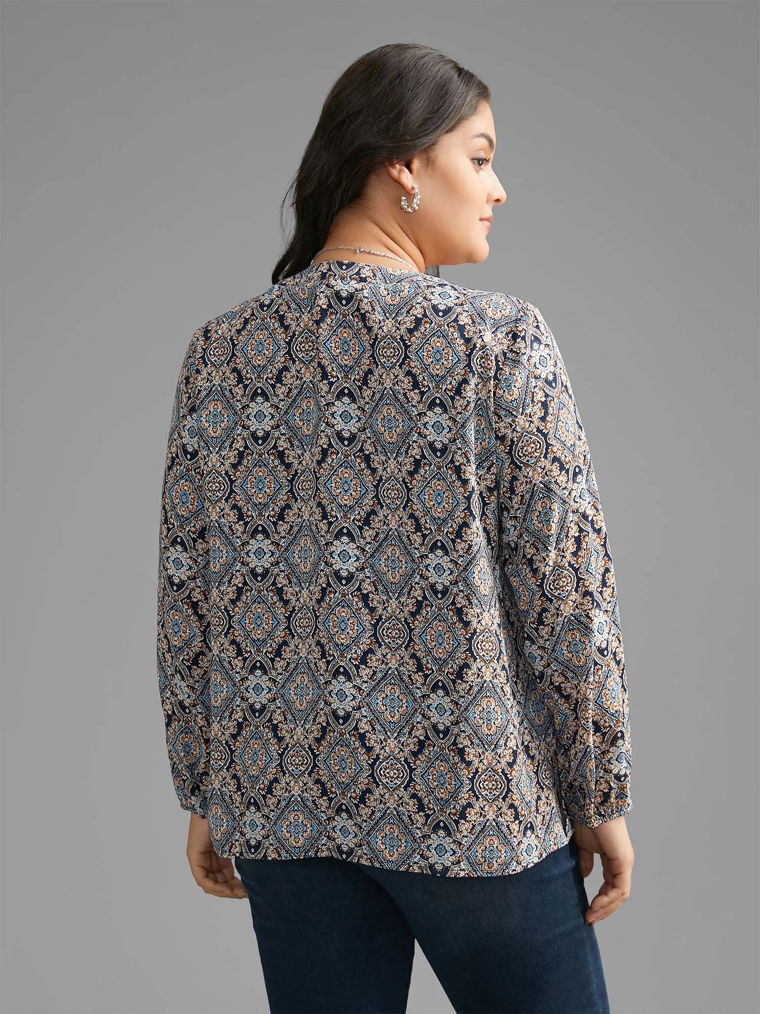 Boho Print Notched Collar Slit Hem Blouse sold by Bloomchic product image thumbnail 5