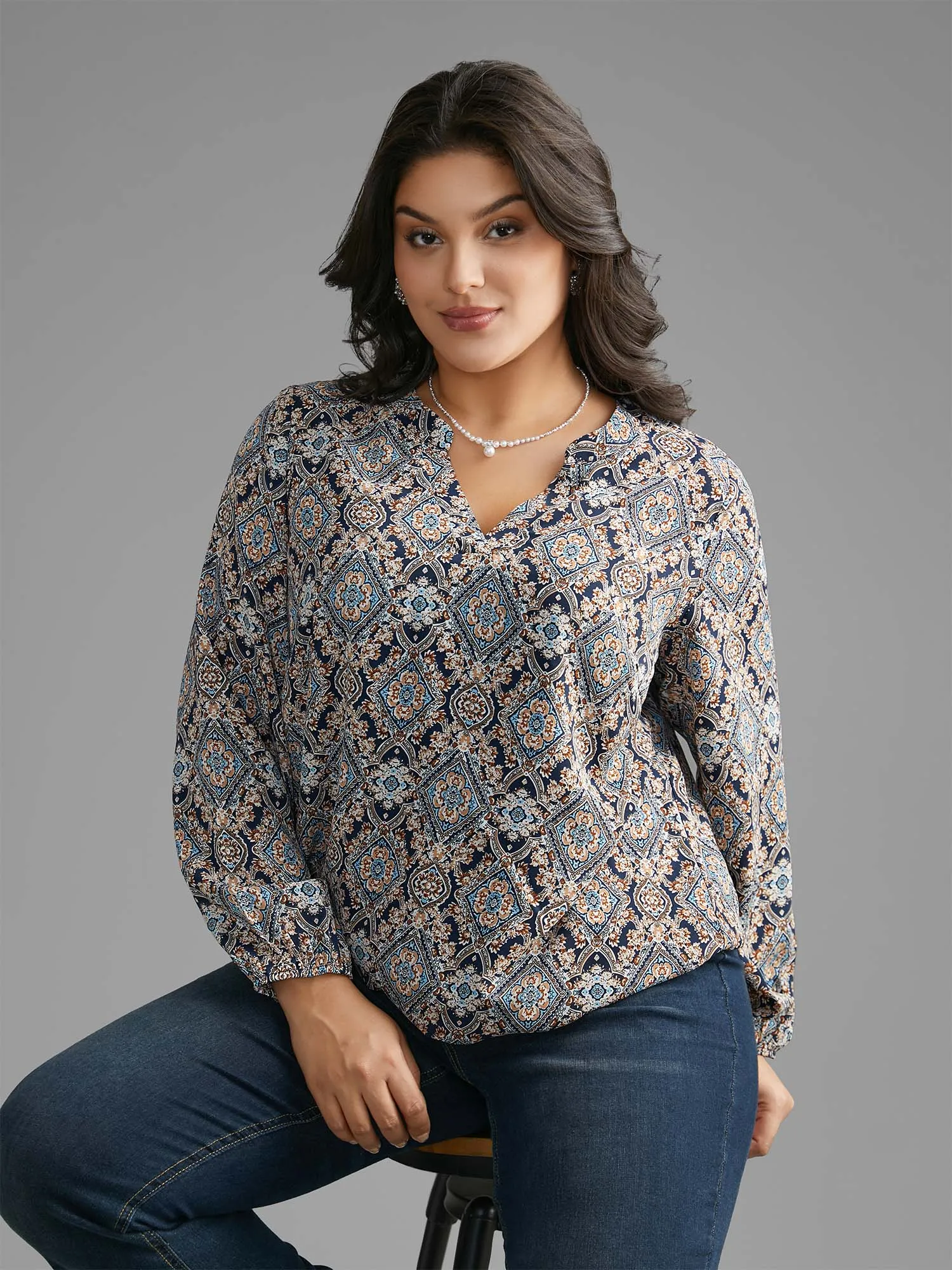 Boho Print Notched Collar Slit Hem Blouse sold by Bloomchic product image thumbnail 4