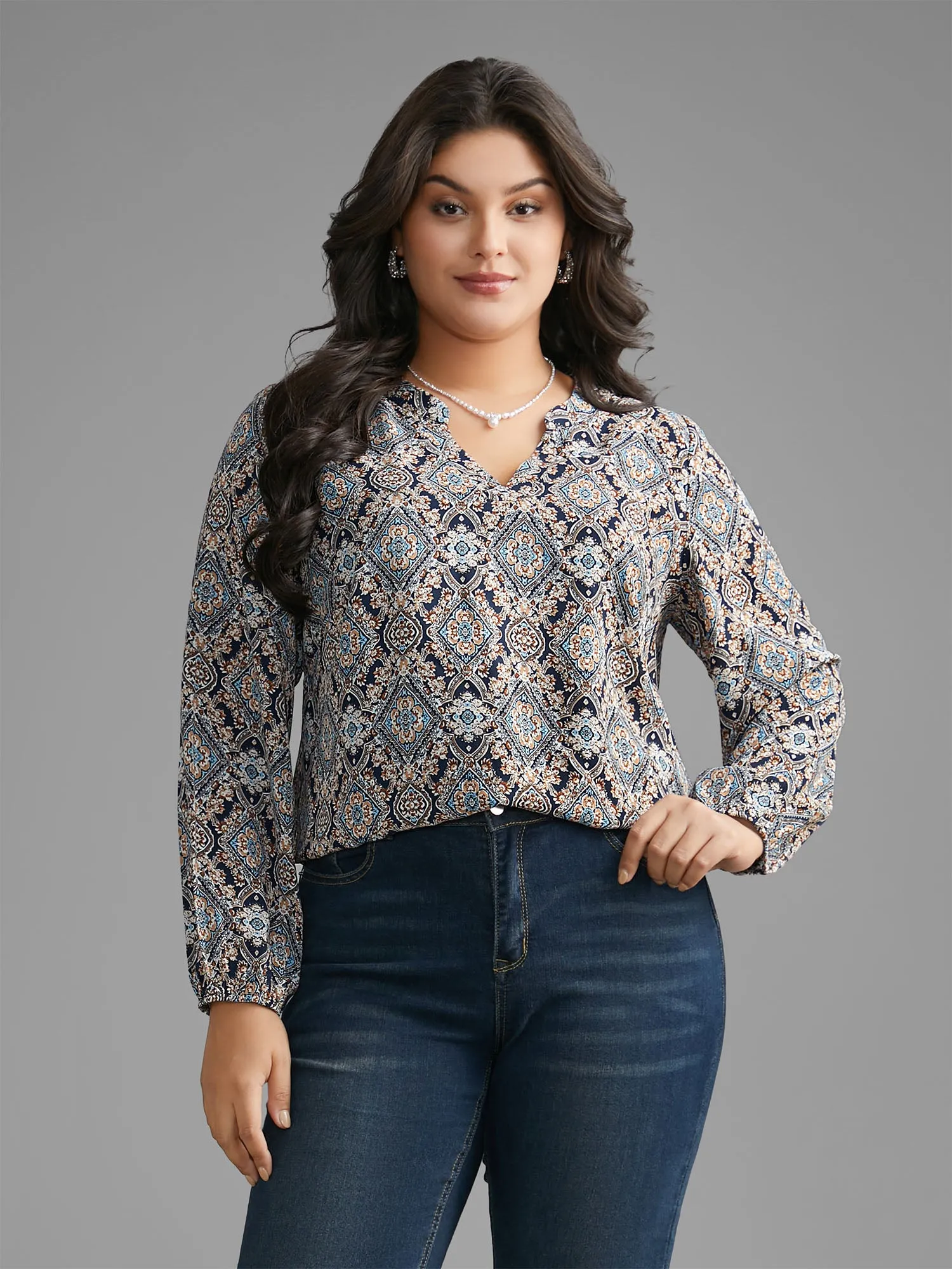 Boho Print Notched Collar Slit Hem Blouse sold by Bloomchic product image thumbnail 3