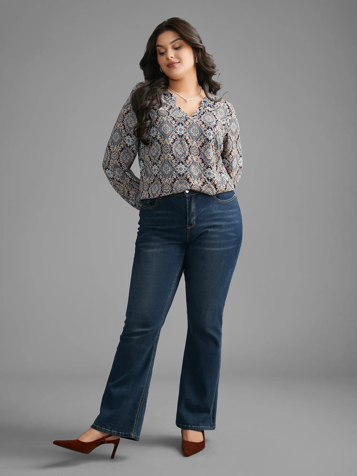 Boho Print Notched Collar Slit Hem Blouse sold by Bloomchic product image thumbnail 2