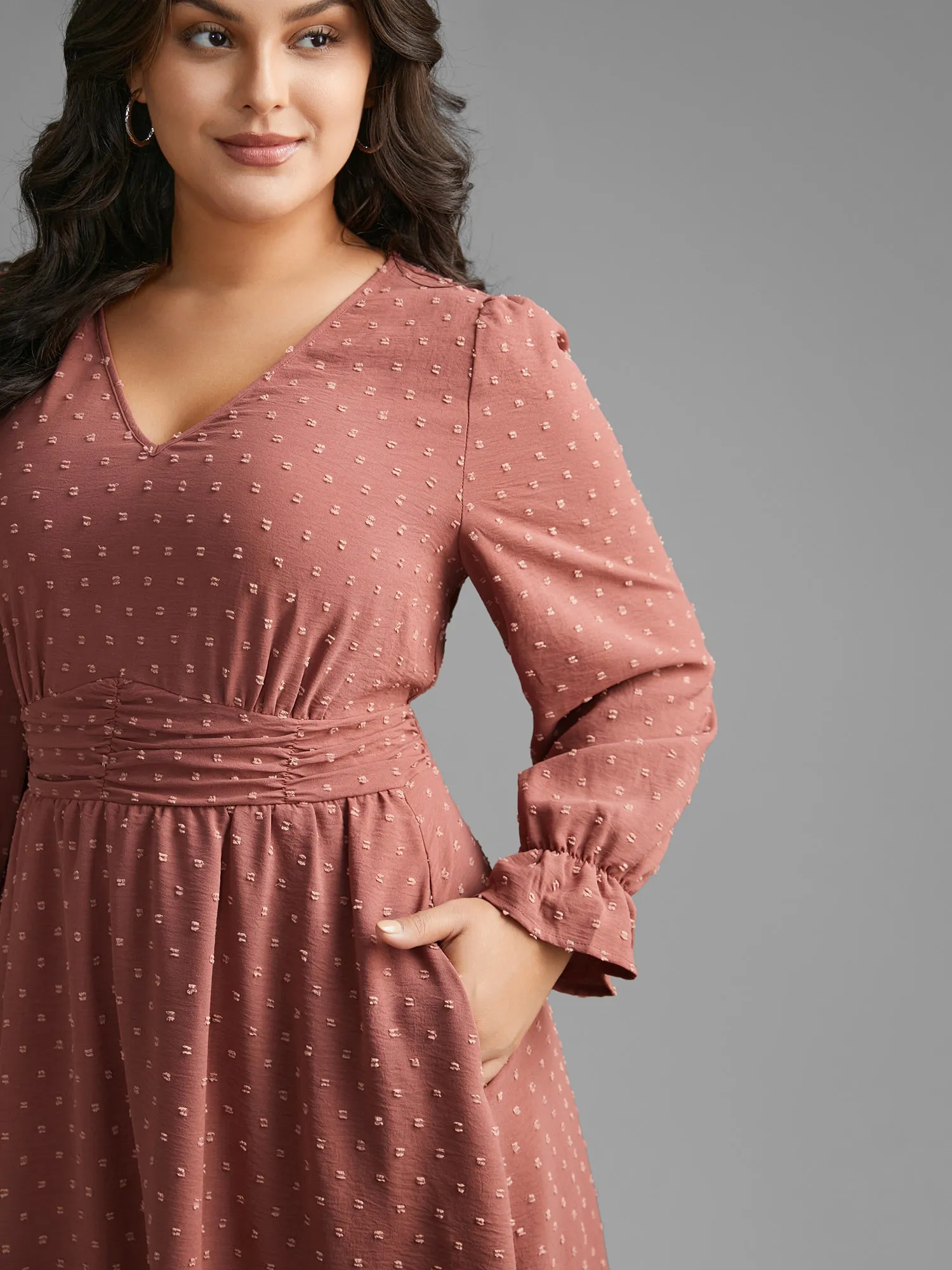 Solid Texture Ruffles Shirred Gathered Dress sold by Bloomchic product image thumbnail 2