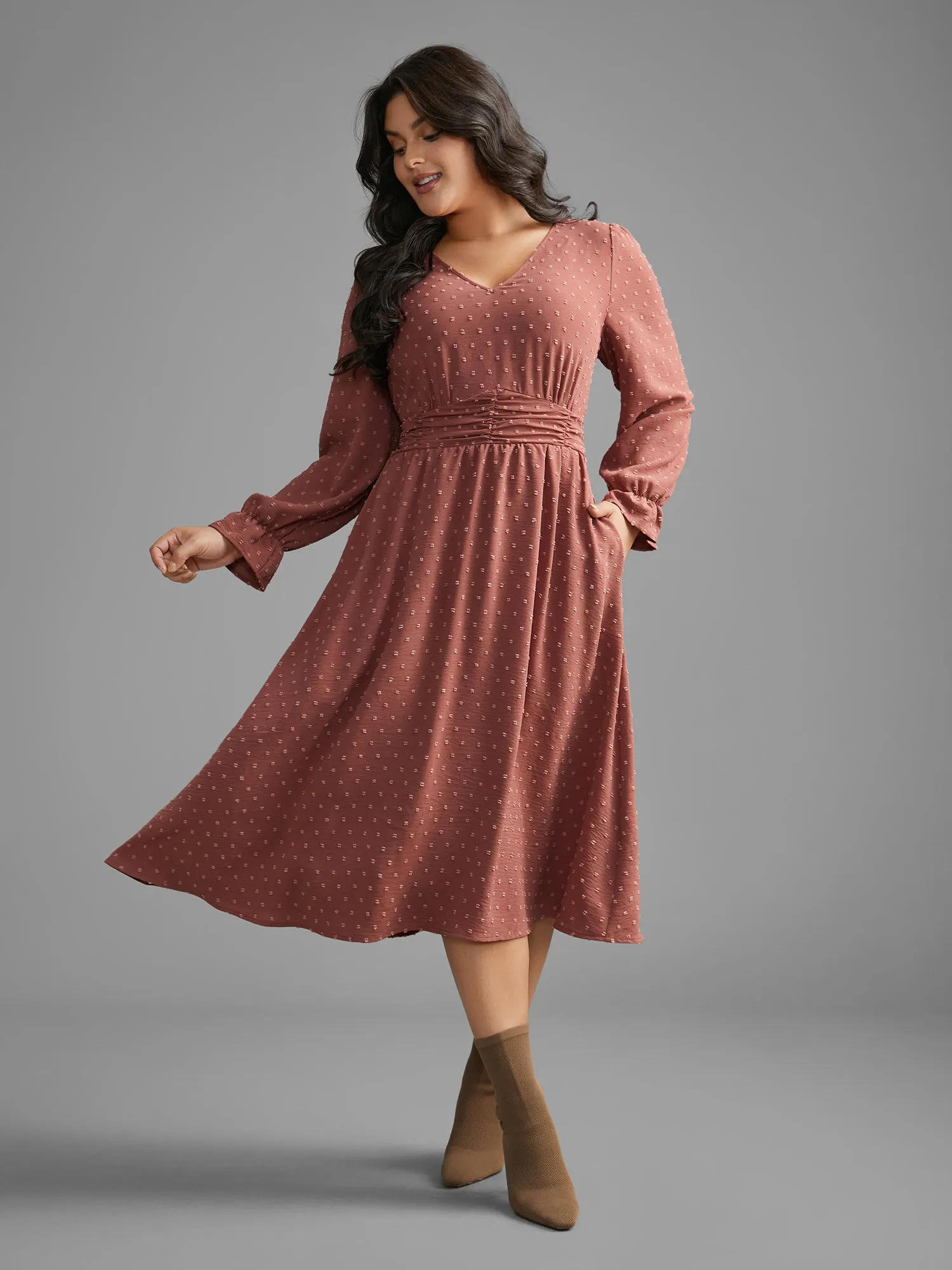 Solid Texture Ruffles Shirred Gathered Dress sold by Bloomchic