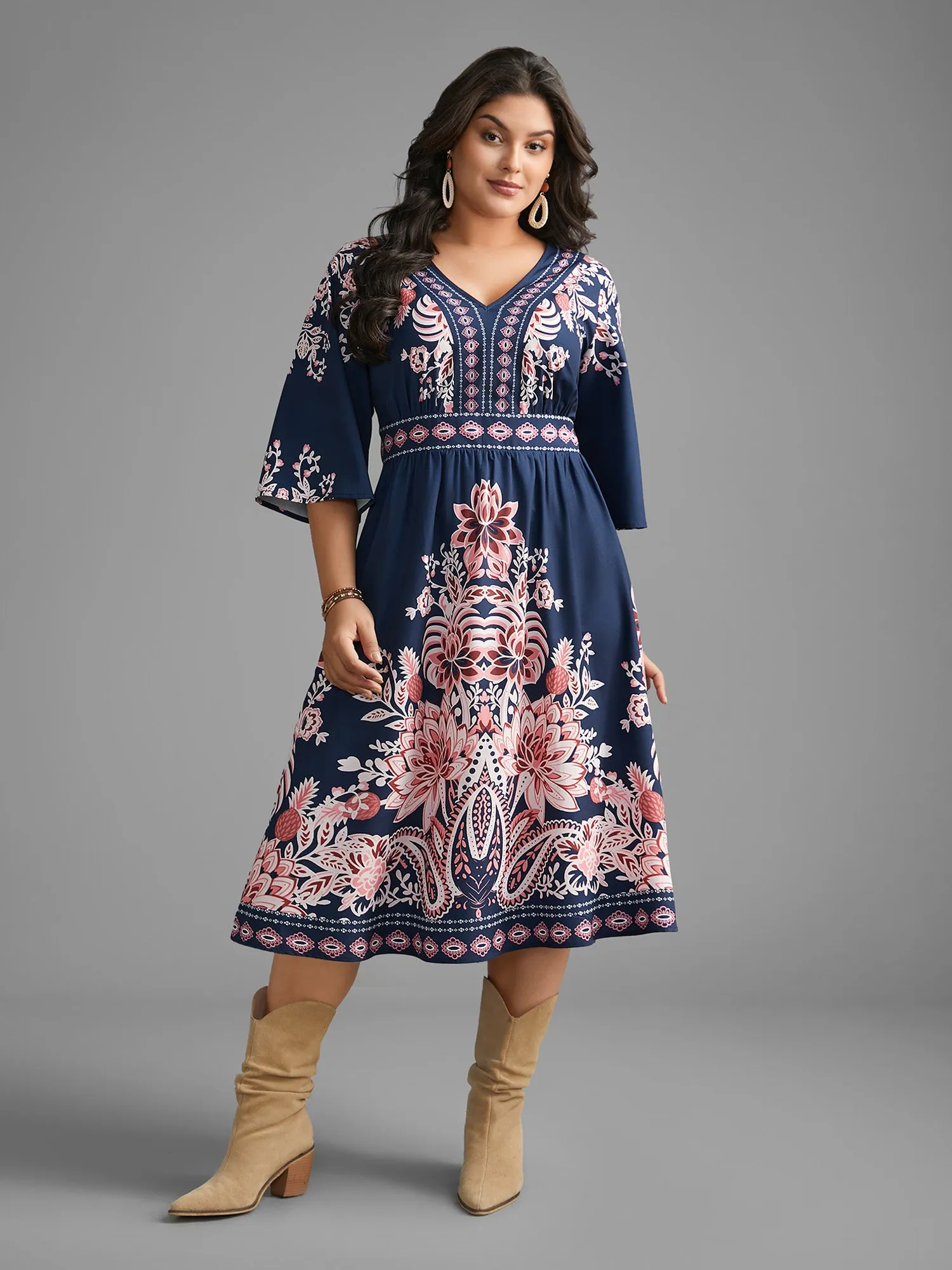 Boho Print Ruffle Sleeve Shirred Dress sold by Bloomchic