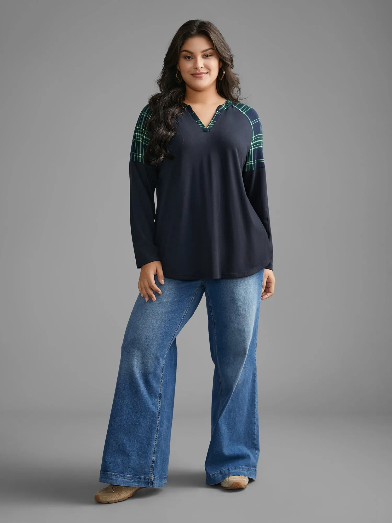 Notched Plaid Raglan Sleeve T-shirt sold by Bloomchic product image thumbnail 3