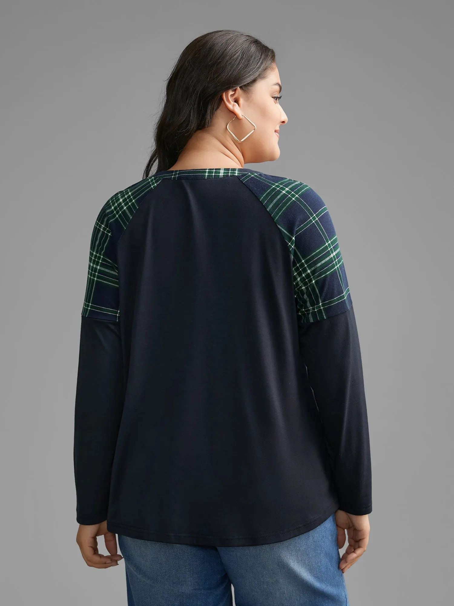 Notched Plaid Raglan Sleeve T-shirt sold by Bloomchic product image thumbnail 2
