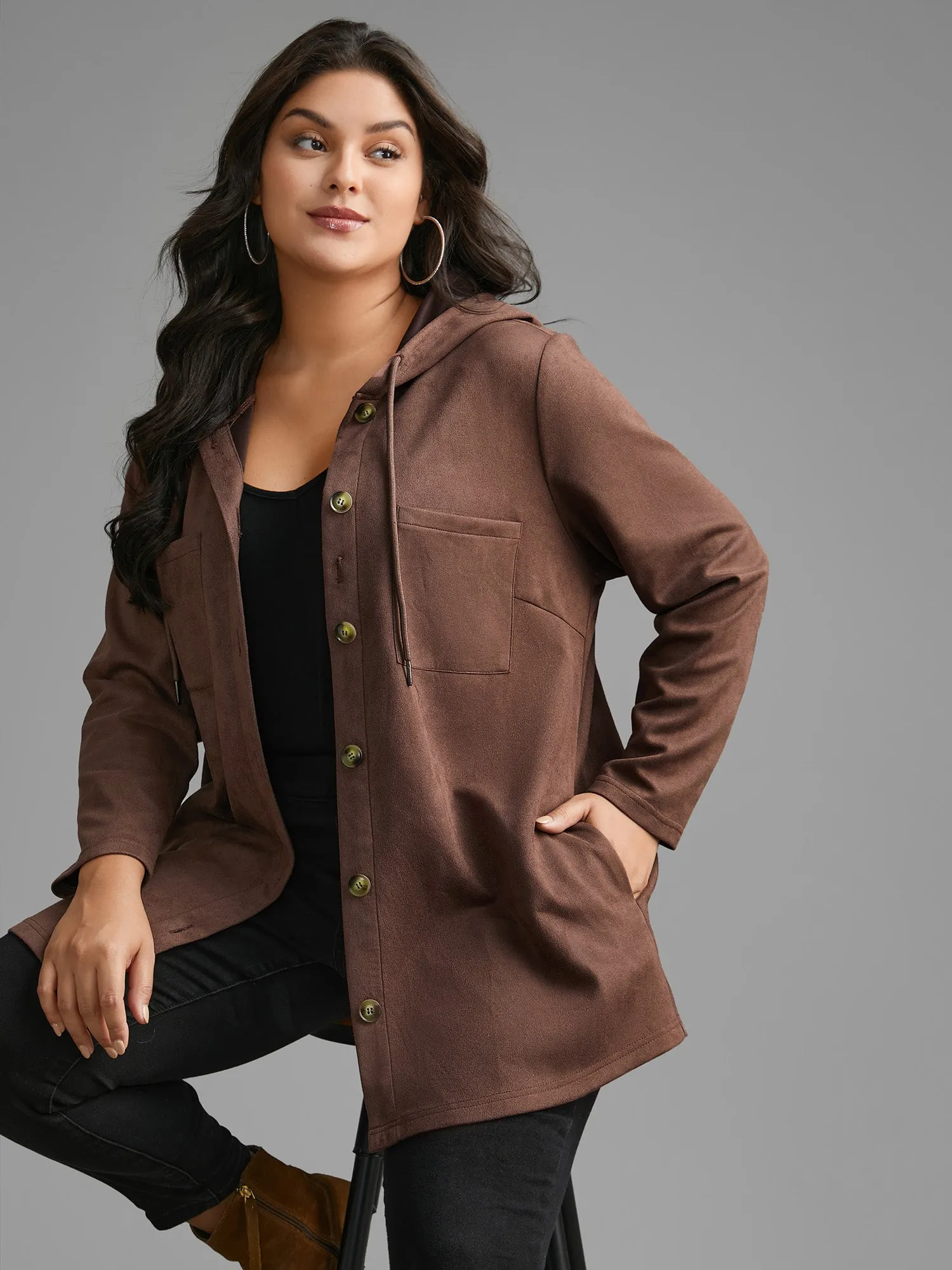 Faux Suede Pocket Hooded Drawstring Jacket sold by Bloomchic product image thumbnail 2