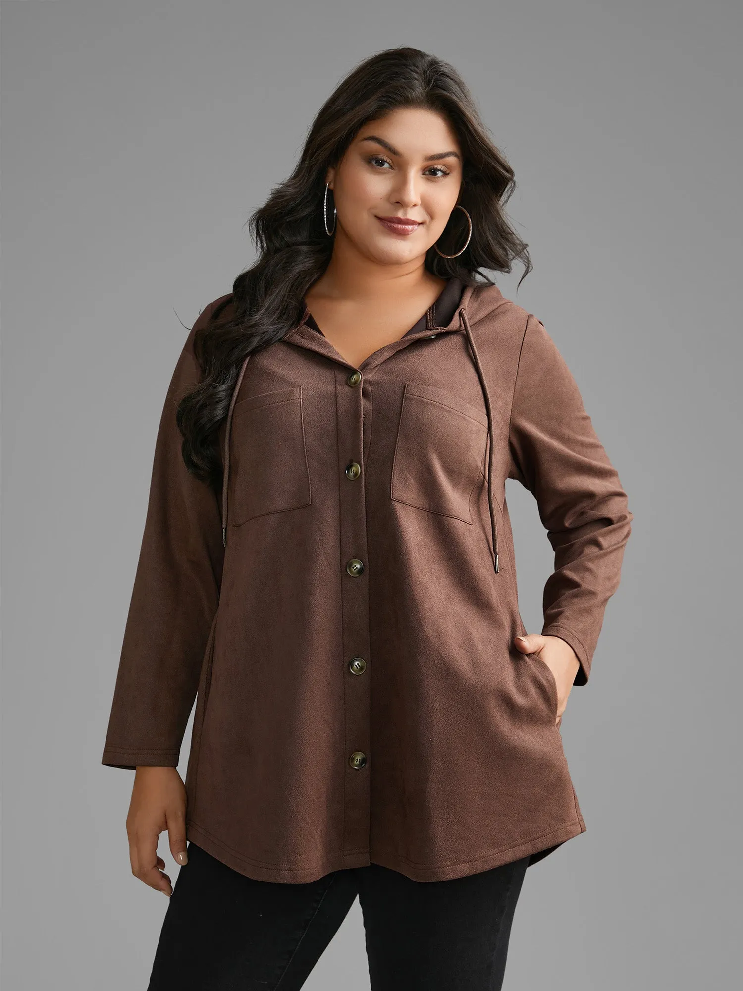 Faux Suede Pocket Hooded Drawstring Jacket sold by Bloomchic