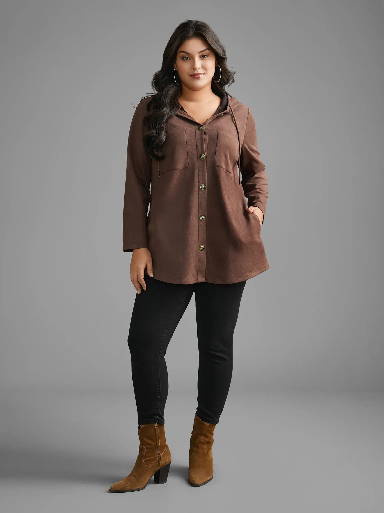 Faux Suede Pocket Hooded Drawstring Jacket sold by Bloomchic product image thumbnail 3