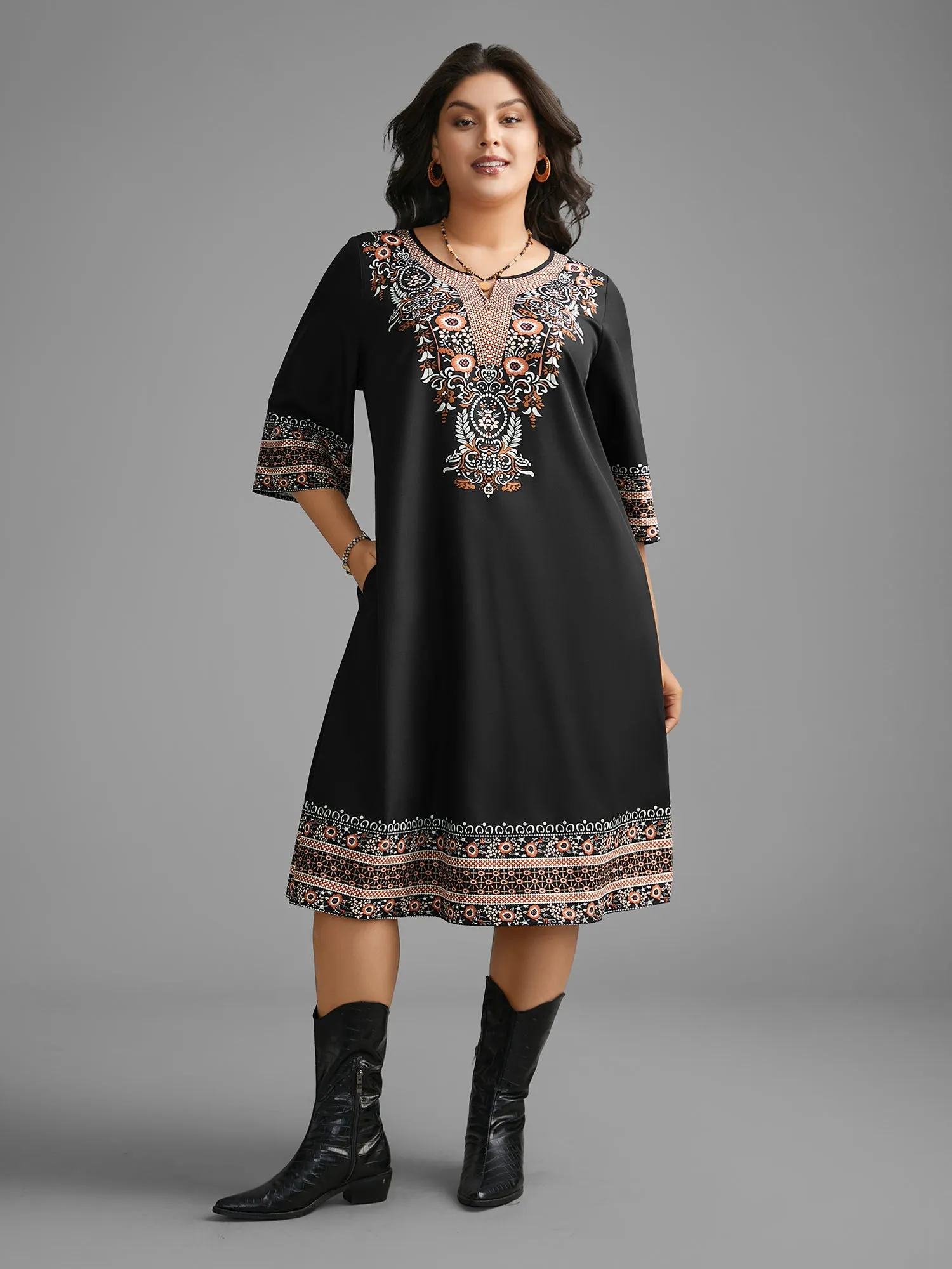 Notched Collar Boho Print Pocket Dress sold by Bloomchic