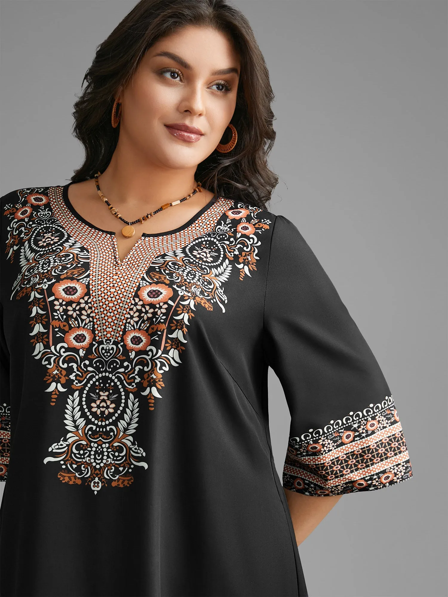 Notched Collar Boho Print Pocket Dress sold by Bloomchic product image thumbnail 3