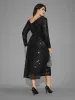 Sequin Mesh Asymmetrical Neck Midi Dress sold by Bloomchic