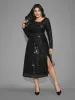 Sequin Mesh Asymmetrical Neck Midi Dress sold by Bloomchic